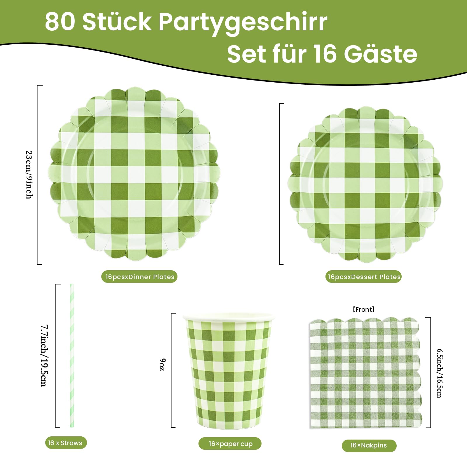 80 piezas de juego de vajilla de fiesta salvia y gingham, juego de platos y vasos de gingham para fiesta de té, cumpleaños, bodas, baby shower, decoración, aniversario