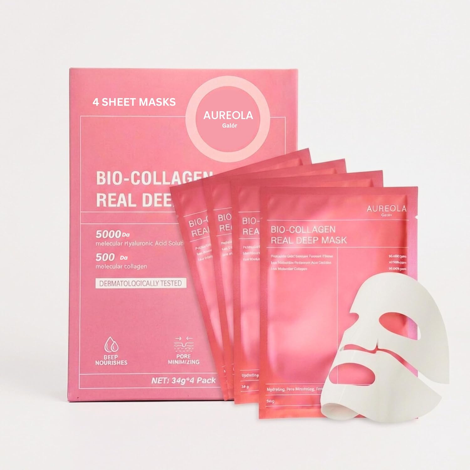 Bio-Collagen Sheet Mask (4 Pack), Hydrating & Firming Face Mask, Korean Skin Care Collagen Mask for Dry & Aging Skin, Winter Hydration for All Skin Types