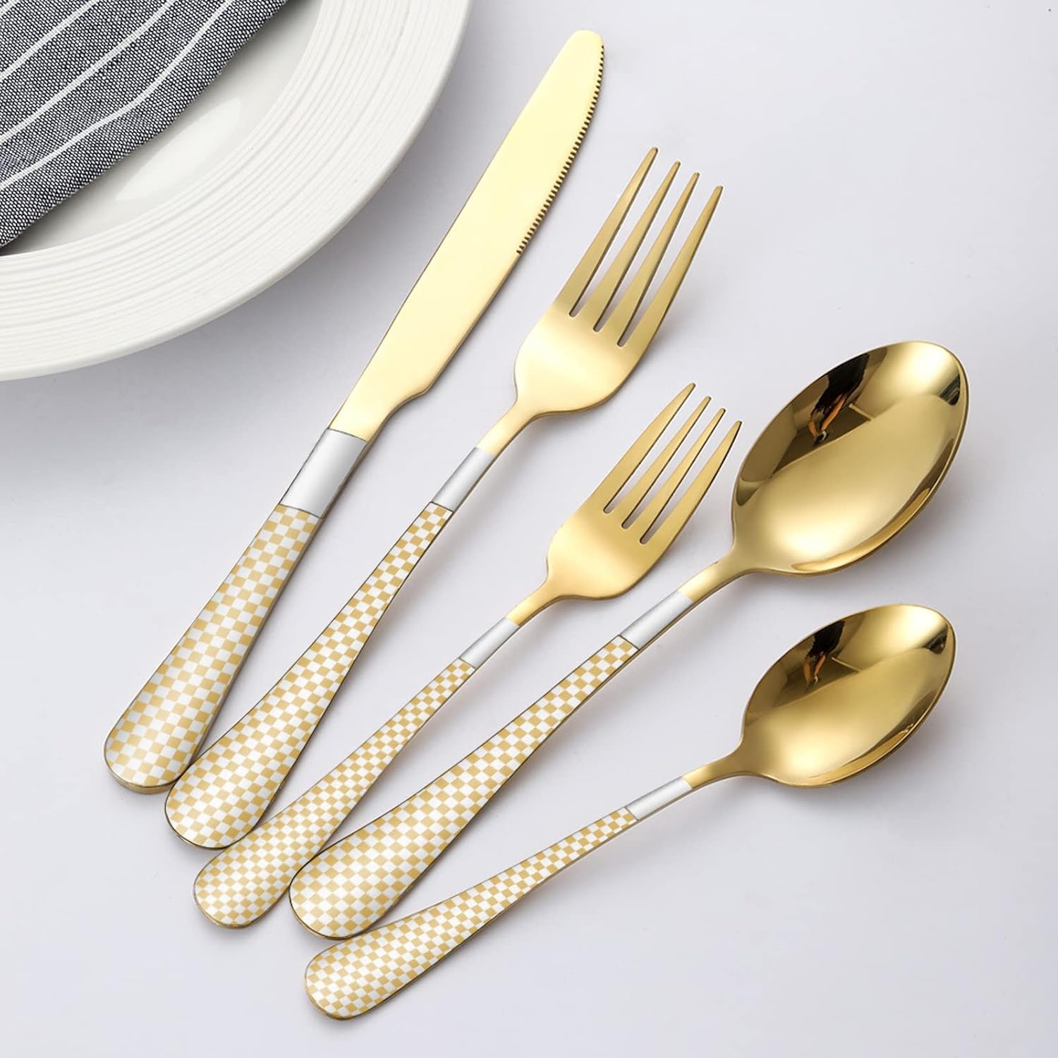 KitchAntique 9" Aurum Gold Steak Knives Set of 5 with Checks Printed Handle ? Durable Stainless Steel Dinner Knife, Mirror Polished Silverware, Perfect for Home, Restaurant, and Gifting 1