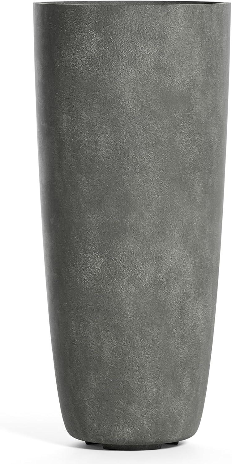 Lofto Tall Fiberglass Planter – Lightweight Indoor/Outdoor Plant Pot, Frost & Weather Resistant, Handmade Modern Decorative Planter – 19.7" X 19.7" X 43.7" – Grey Stone
