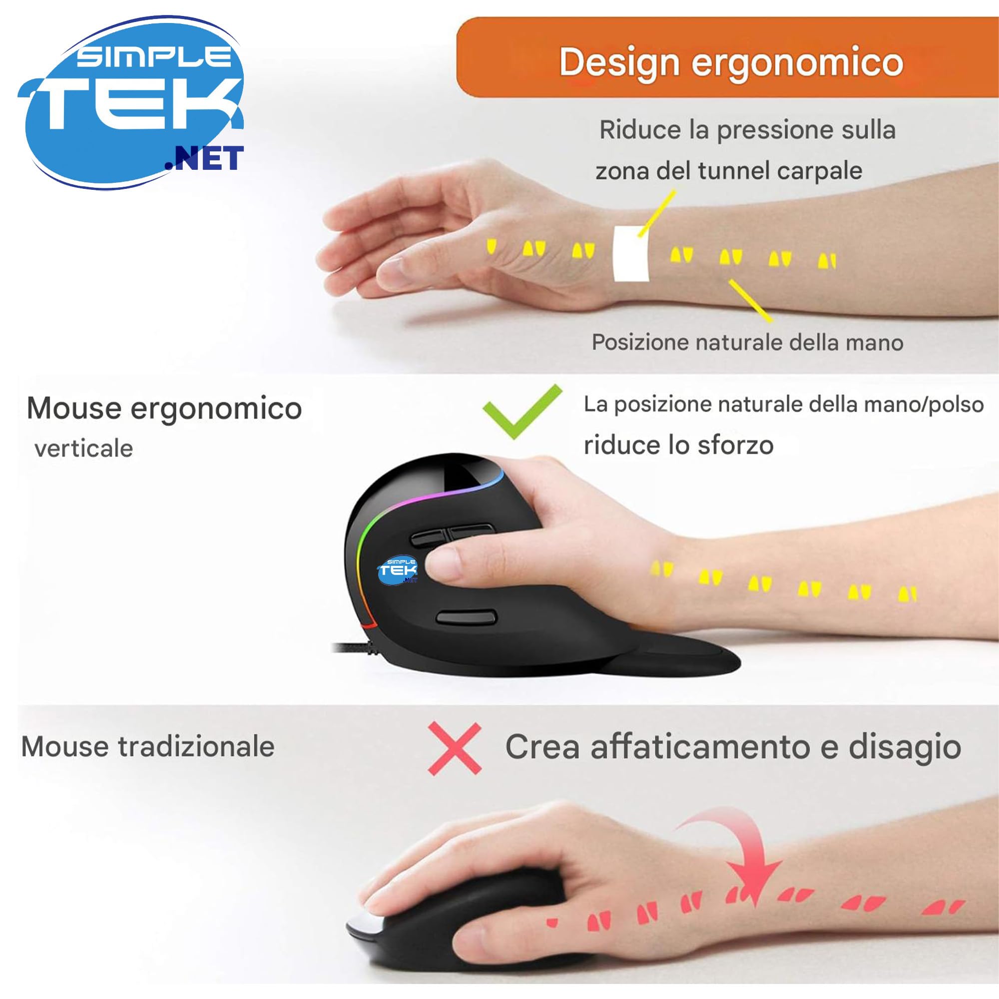 SIMPLETEK - Mouse verticale ergonomico cablato USB con filo, regolazione dpi fino a 3200, illuminazione RGB, colore nero (Ricondizionato)