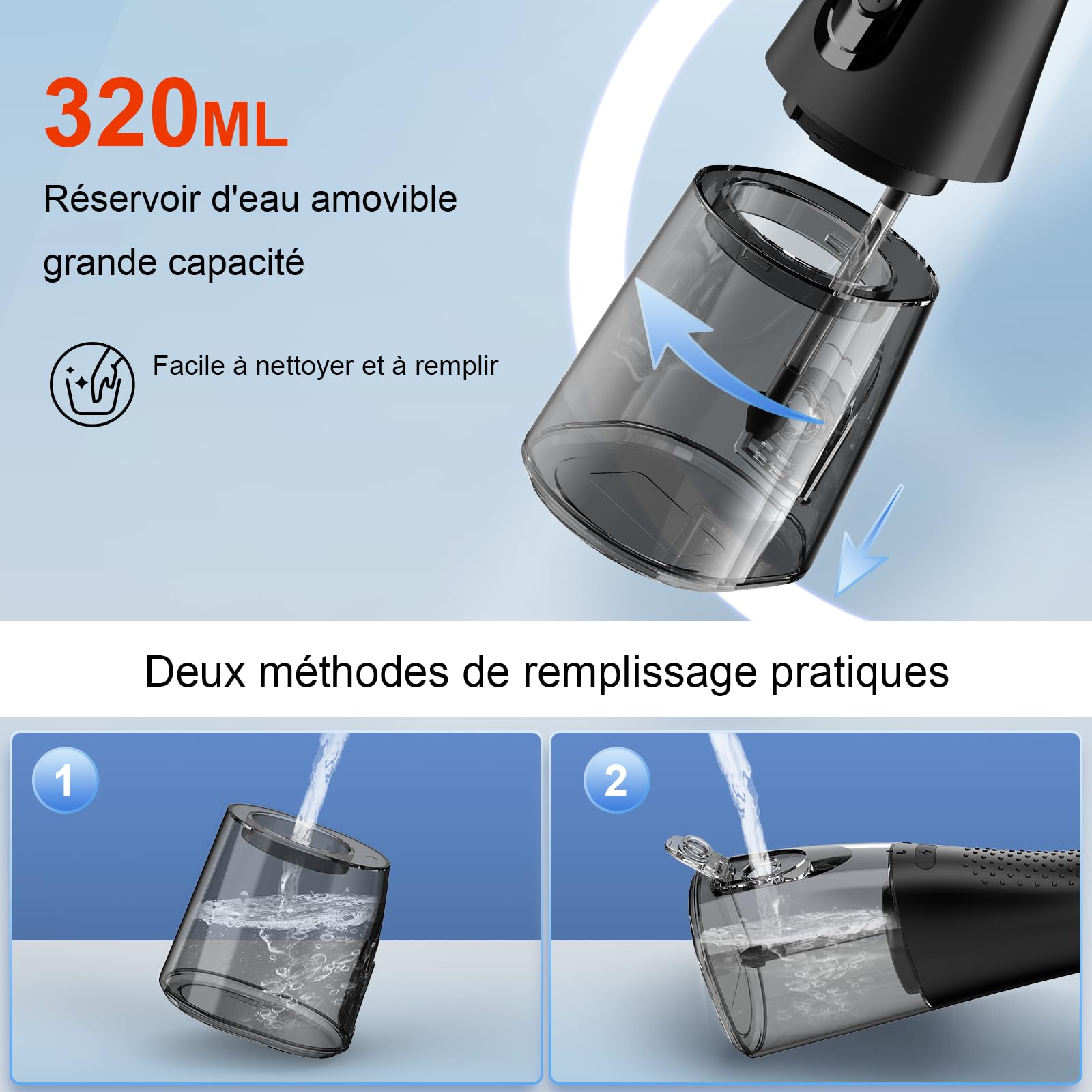 Hydropulseur Jet Dentaire, 320ML Réservoir Amovible, Étanche IPX7 Irrigateur Oral, 4 Modes de Nettoyage, 5 Buses Portable Water Flosser, Irrigateur Dentaire pour la Maison et Les Voyages, Noir