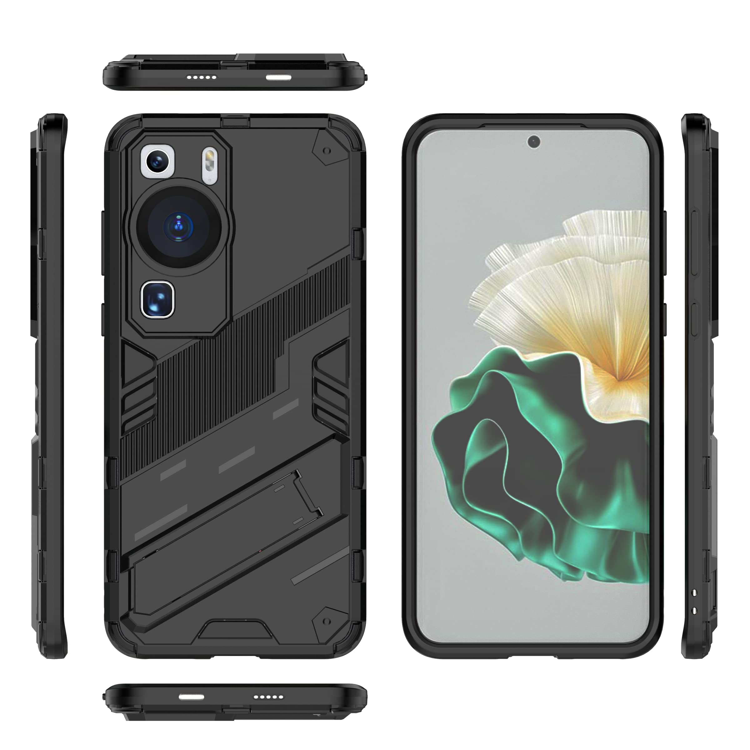 Rfvzubemok Compatible with Huawei P60 Bracket Shell,Compatible with Huawei P60 Pro Kickstand (Hard PC+TPU) 2 in 1 Phone Case Cover Black