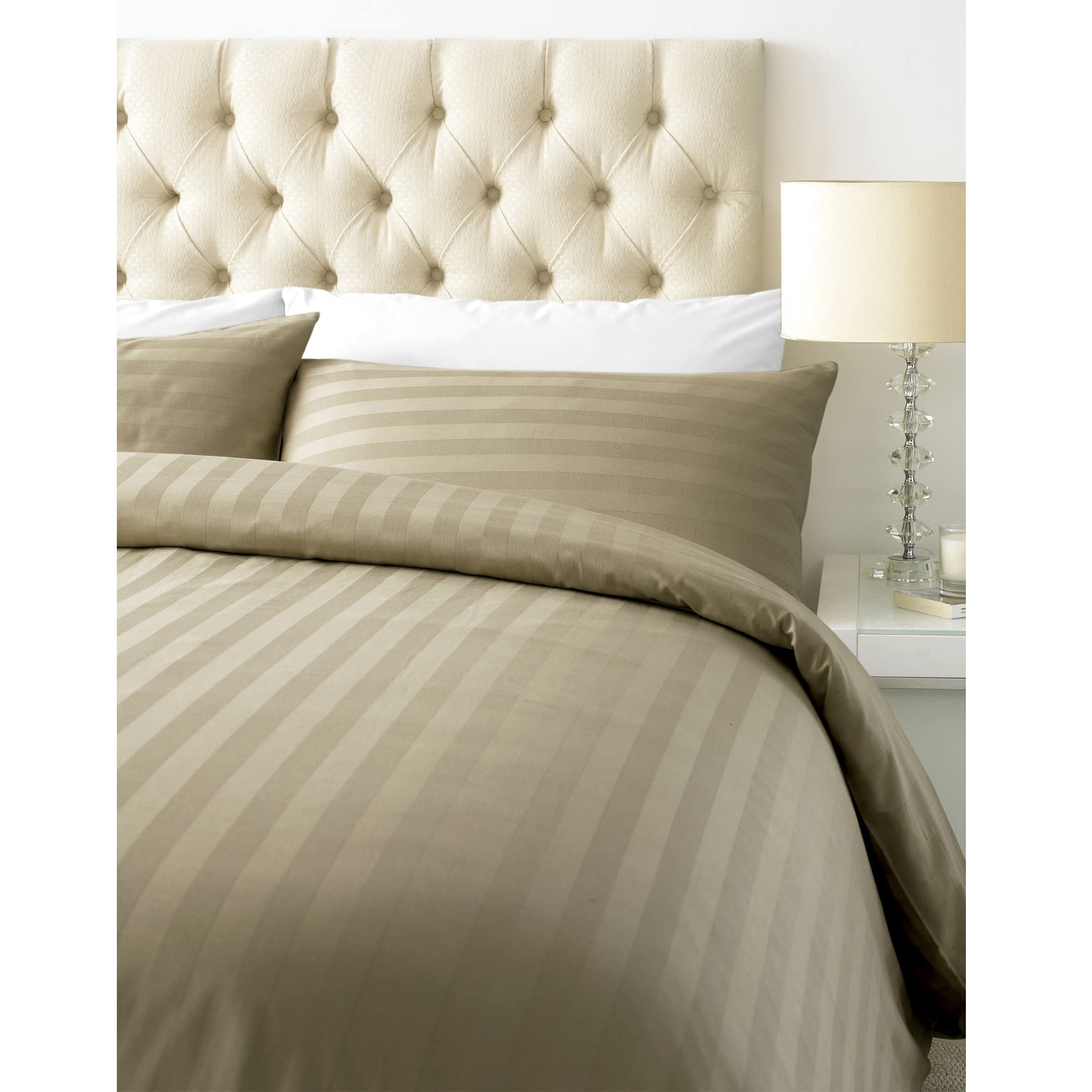 Luxurious 800 Thread Count Cotton Rich Satin Stripe Duvet Bed Cover with Housewife Pillowcases | 800 TC Hotel Striped Bedding (Single/Mocha)