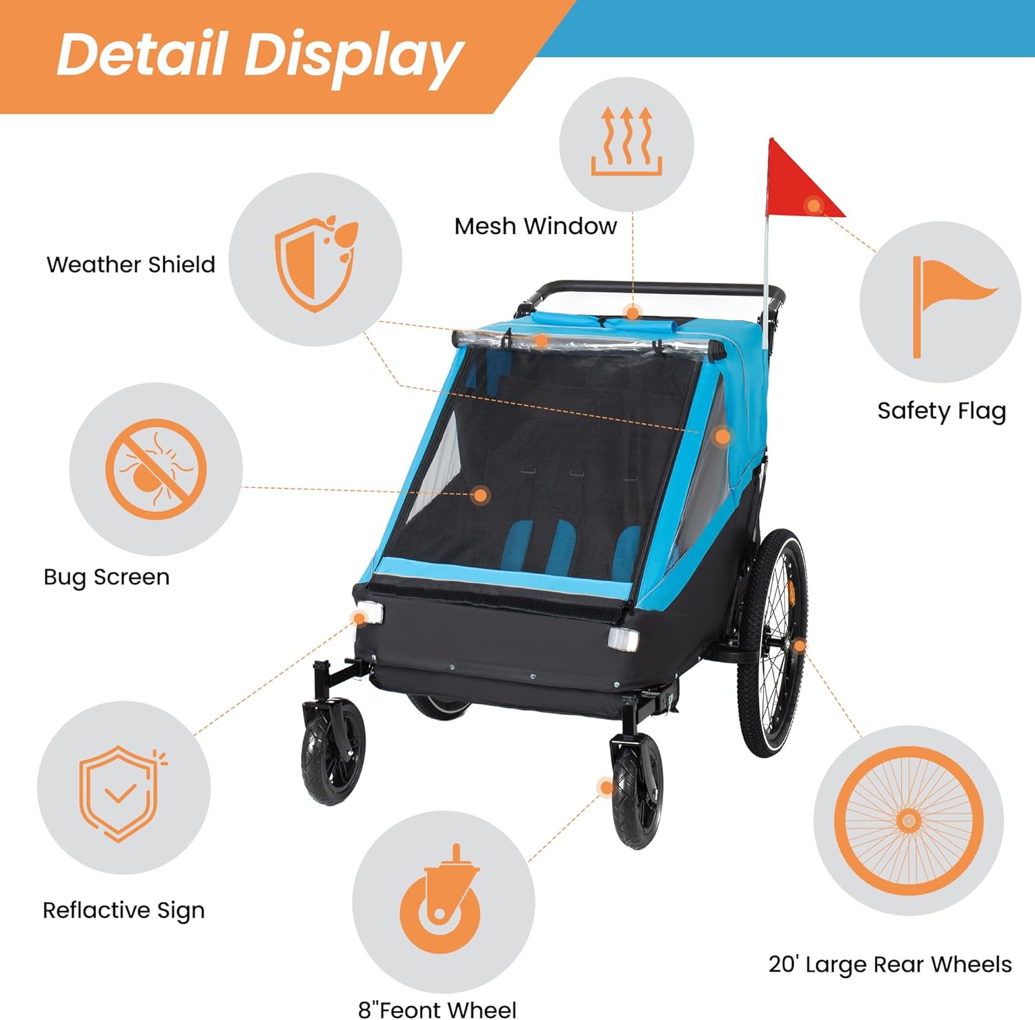 KEIKI 2 in 1 Kids Bike Trailer and Stroller for 1 to 2 Children, Jogging Function, Foldable Compact Storage with Universal Bike Hitch, 5-Point Harness and Storage Bags