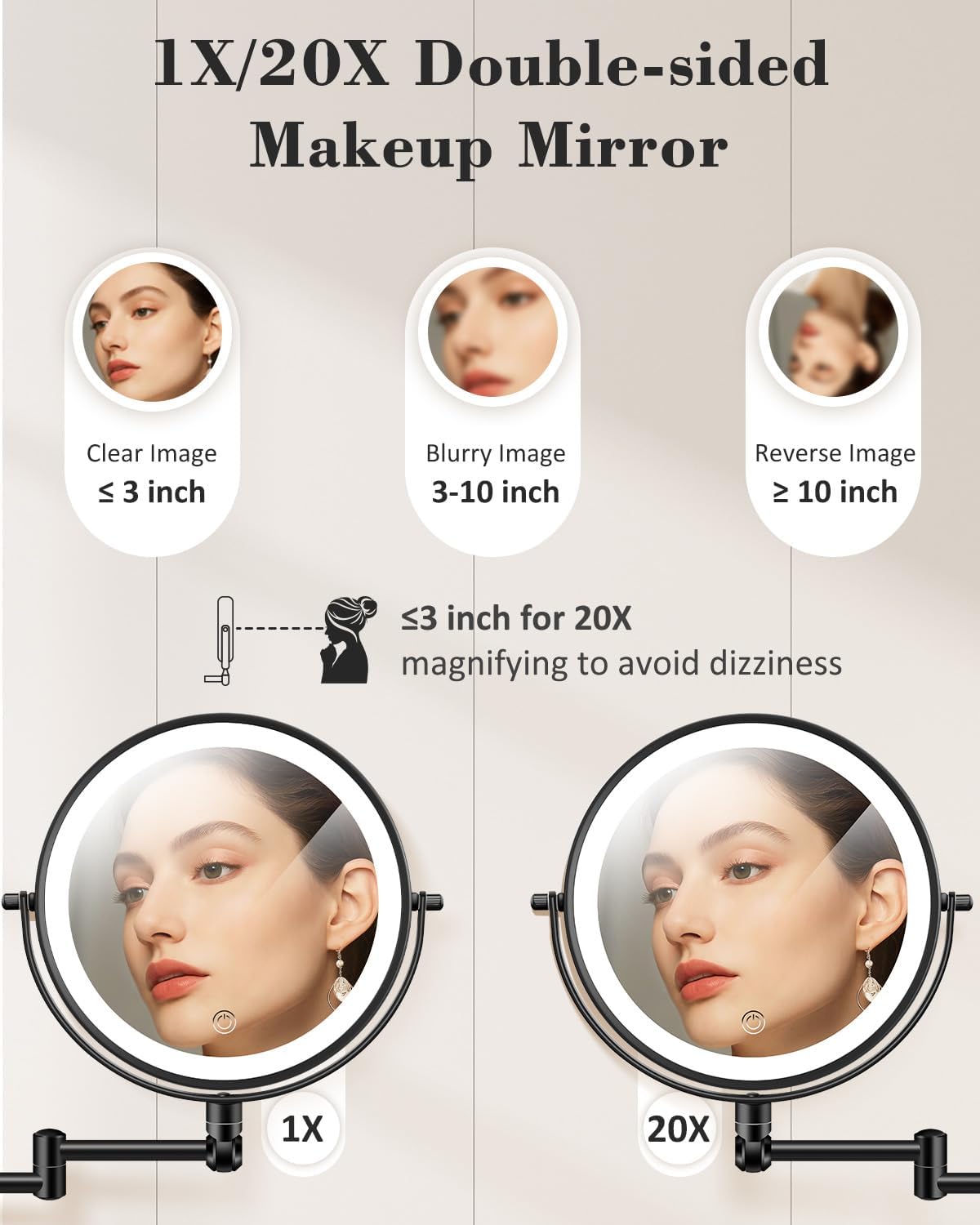 9" Wall Mounted Makeup Mirror with Light, 20X/1X Height Adjustable Double Sided Magnifying Bathroom Lighted Mirror, 3 Color Touch Dimmable Extended Arm 360 Rotation Light up Magnification Mirrors