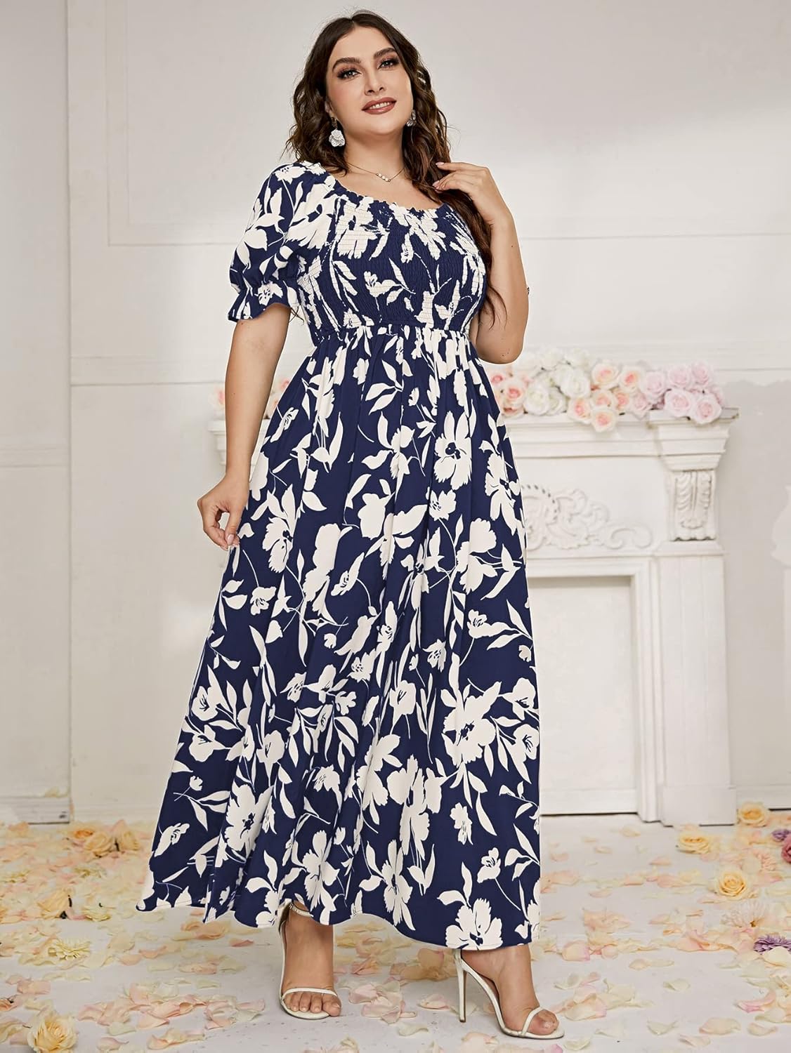 MakeMeChic Women's Plus Size Summer Floral Maxi Dresses Curvy Short Sleeve Shirred Boho Beach Wedding Long Dress - Image 3