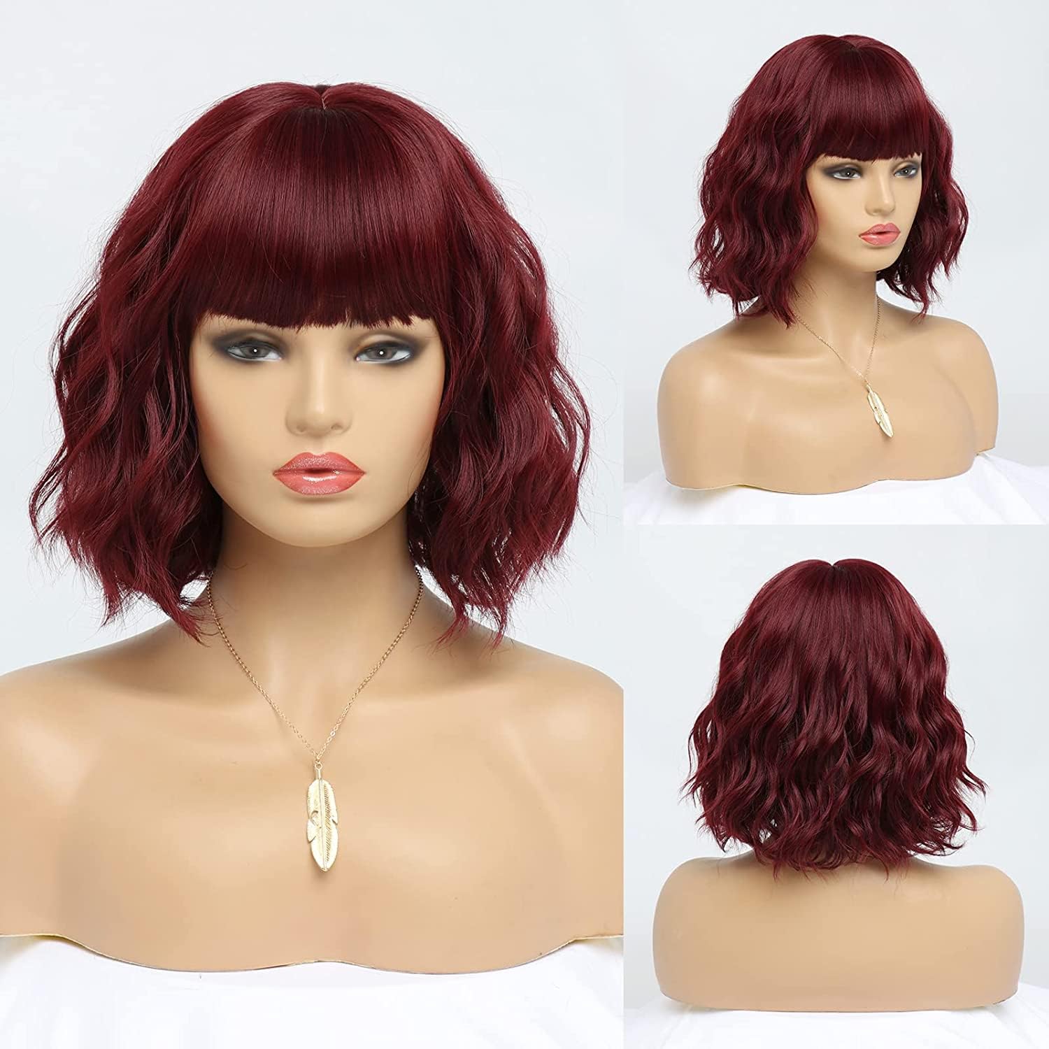 EssionTech Short Burgundy Wigs for Women Wine Red Wavy Wig with Bangs Natural Hair Wig Medium Length Synthetic Bob Wig Colorful Wigs（14Inches）