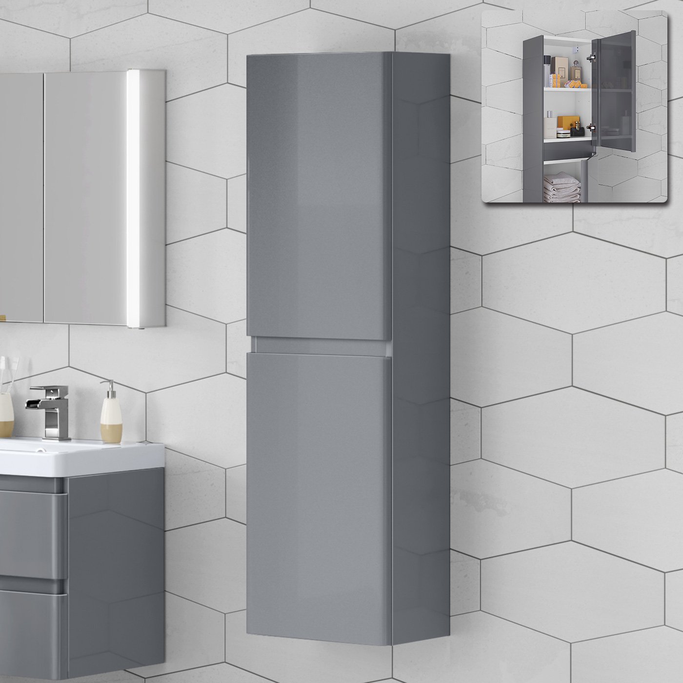 iBathUK 1400 mm Tall Grey Bathroom Furniture Cupboard Soft Close Cabinet Storage Unit