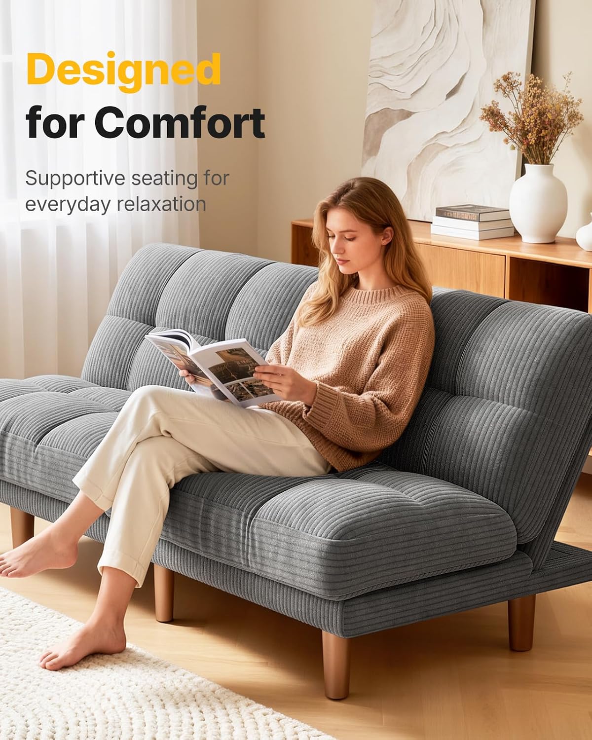 AMADA HOMEFURNISHING 65" Futon Sofa Bed, Convertible Futon Couch with Adjustable Backrest, Ergonomic Recliner Sleeper Sofa with Corduroy Fabric for Living Room, Office, Guest Room (Grey)