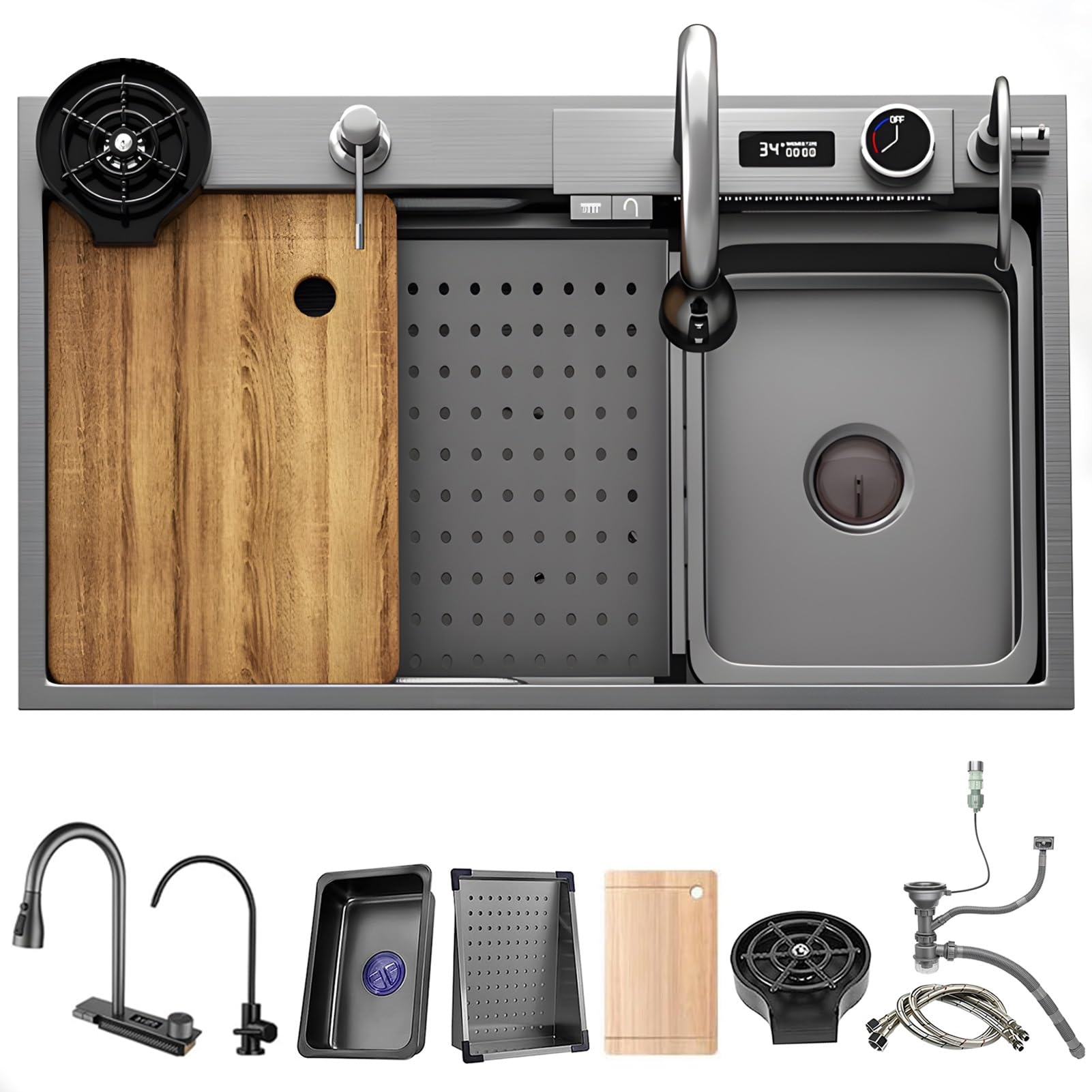 WIQUYBML Multifunctional Kitchen Sink Made Of Stainless Steel With Waterfall Effect, Large Workstation Sink, Single Bowl Attachment Mounting, Drain Button And Complete(Black GreyB,65x50cm)