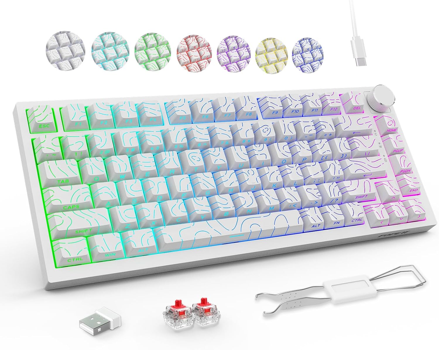 FOPETT Wireless Mechanical Keyboard Rechargeable Adjustable Backlight Three Mode Wired /2.4G /Bluetooth Side Engraved for Laptop/Windows/PC - Contour Lines White