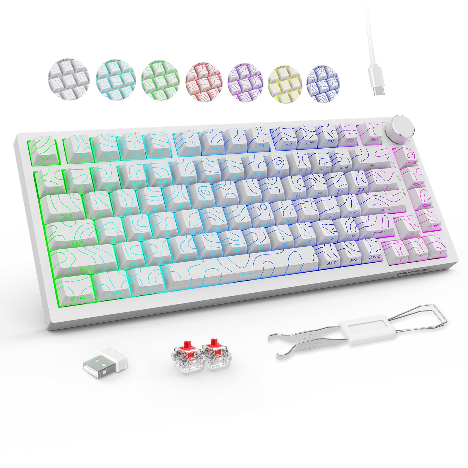 FOPETT Wireless Mechanical Keyboard Rechargeable Adjustable Backlight Three Mode Wired /2.4G /Bluetooth Side Engraved for Laptop/Windows/PC - Contour Lines White