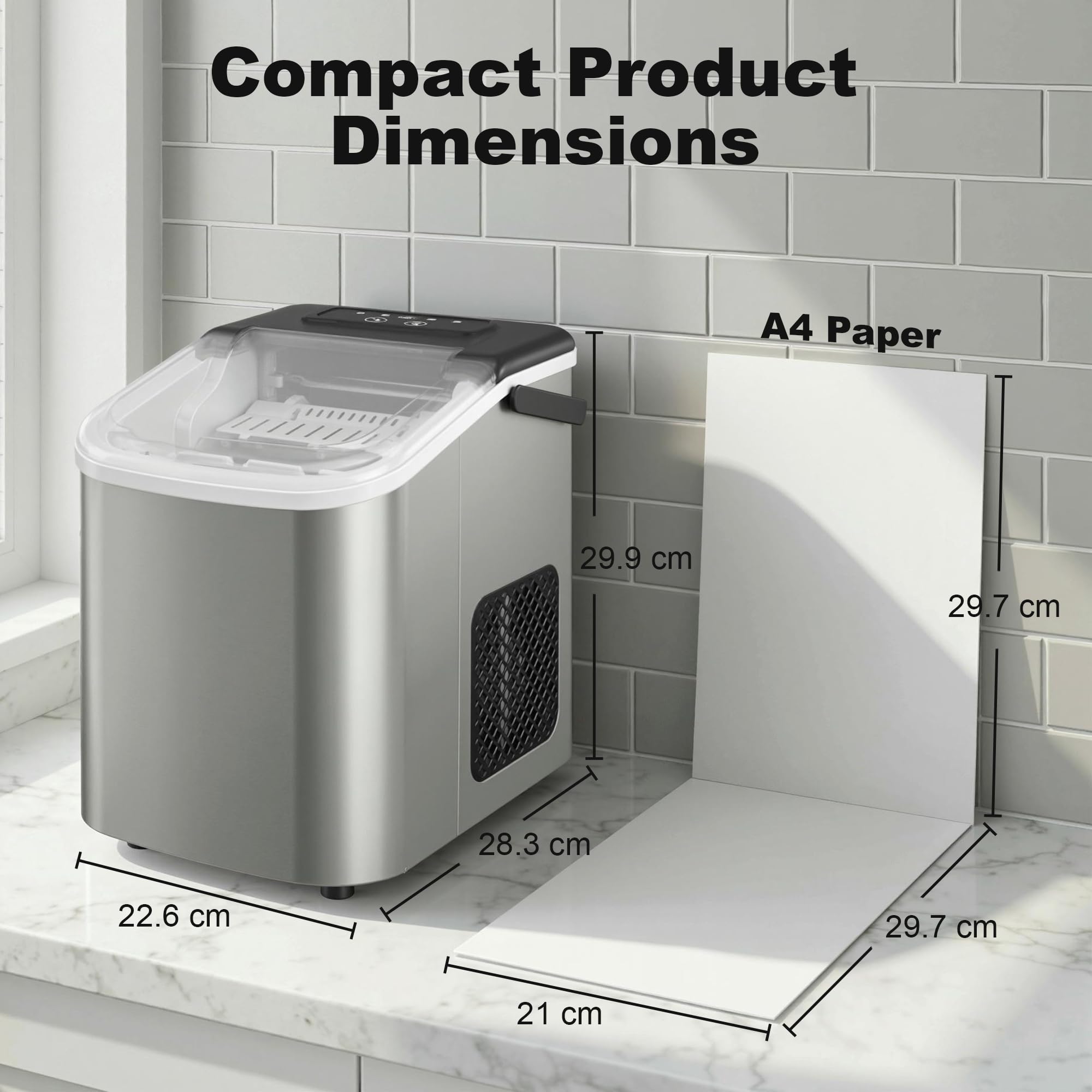 HOMCOM Macchina Ghiaccio 12kg/24h, Autopulente Macchina del Ghiaccio 9 Cubetti in 7-10Minuti, Acciaio Inox, 2 Dimensioni, Serbatoio 1.2L, Portatile, Silenzioso, Cestello Paletta, Casa Ufficio, Argento