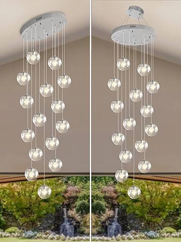 Miniatura 353 de Escalera LED de 10 luces LED moderna con globo de cristal, lámpara colgante grande para techos altos, accesorios de iluminación de entrada, villas y