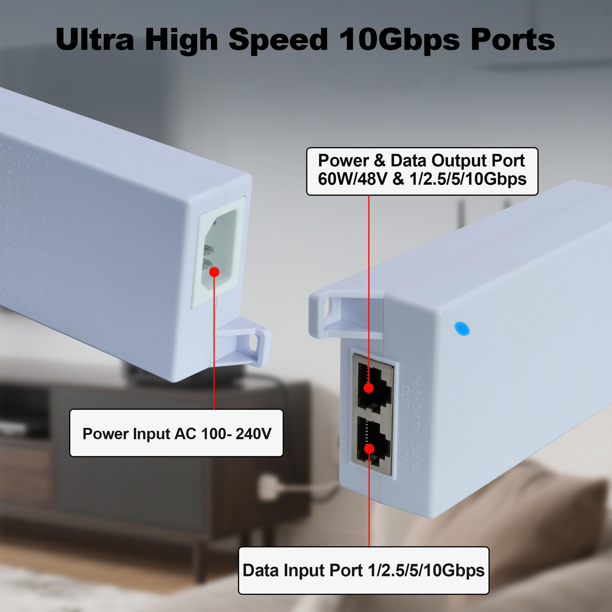 Wtryskiwacz 10G PoE++, 1G/2,5G/5G/10Gb/s, 802.3af/at/bt, zapewnia moc Ethernet PoE 15,4 W/30 W/60 W, do 100 m (100 m), dla urządzeń o bardzo wysokiej prędkości i dużej mocy