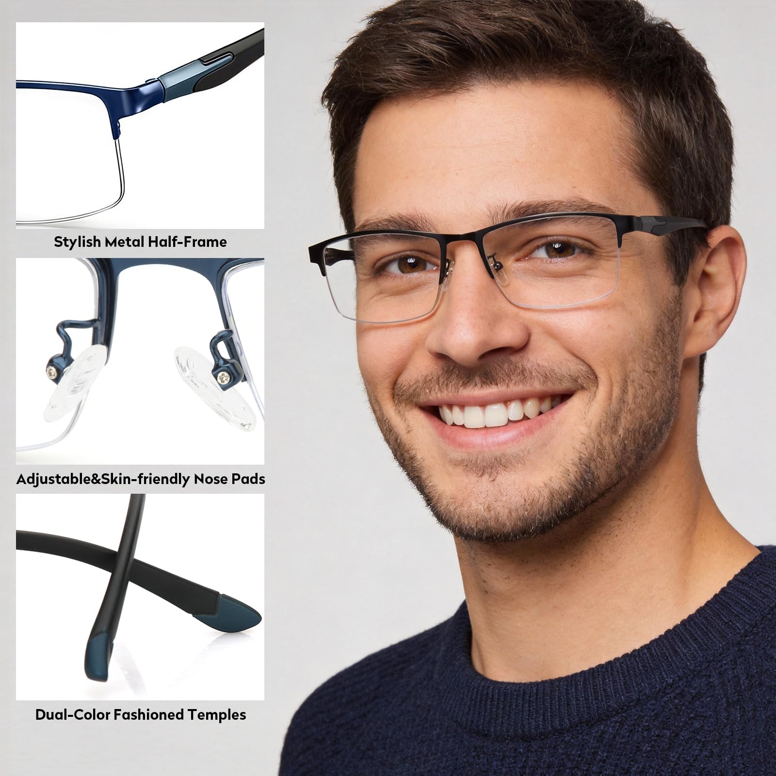 CARA Gafas de Lectura Progresivas para Hombre Ultraligeras Metálicas Medio Marco TR90 Templo Antiluz Azul Lector Ordenador