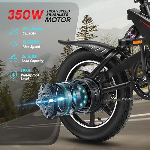 Miniatura 3 de Bicicleta eléctrica para adultos, bicicleta eléctrica plegable de 14 pulgadas, 350 W, 36 V, 6 AH, batería con amortiguador de golpes, bicicleta