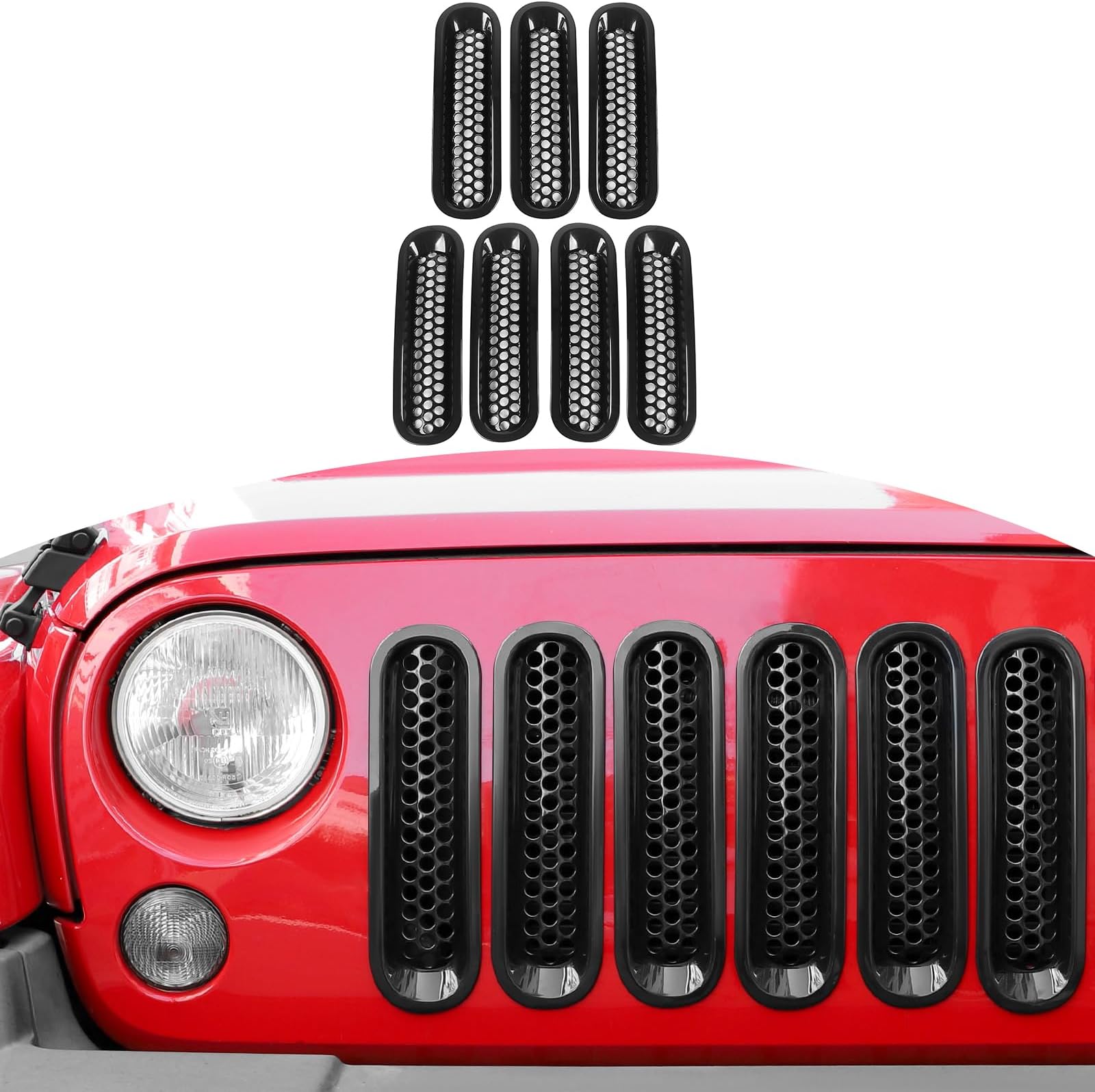RT-TCZ Front Grill Mesh Grille Insert Kit Honeycomb 3D Design for Jeep Wrangler JK&Rubicon Sahara & Unlimited 2007-2017 -7PCS