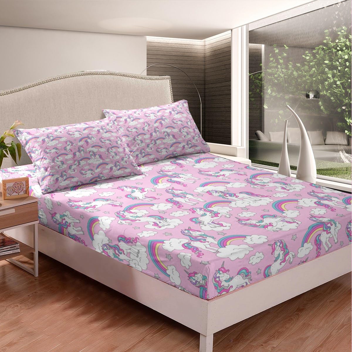 Unicorn Sheet Set King Size Girls Cute Rainbow Unicorn Sheets with Deep Pocket Fitted Sheet Dreamy Horse Printed Bed Sheets Set Magical Animal Decor Bedding Set Fantasy Unicorn Themed Bed Sheets Set