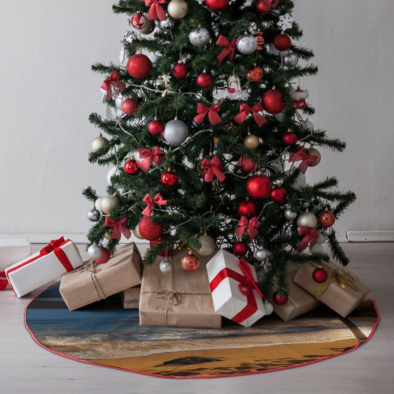 Christmas Tree Skirt,for Xmas Tree Holiday Party Decorations Hawaii Beach Printed Christmas Tree Mat Red Lace-up Christmas Tree Dress