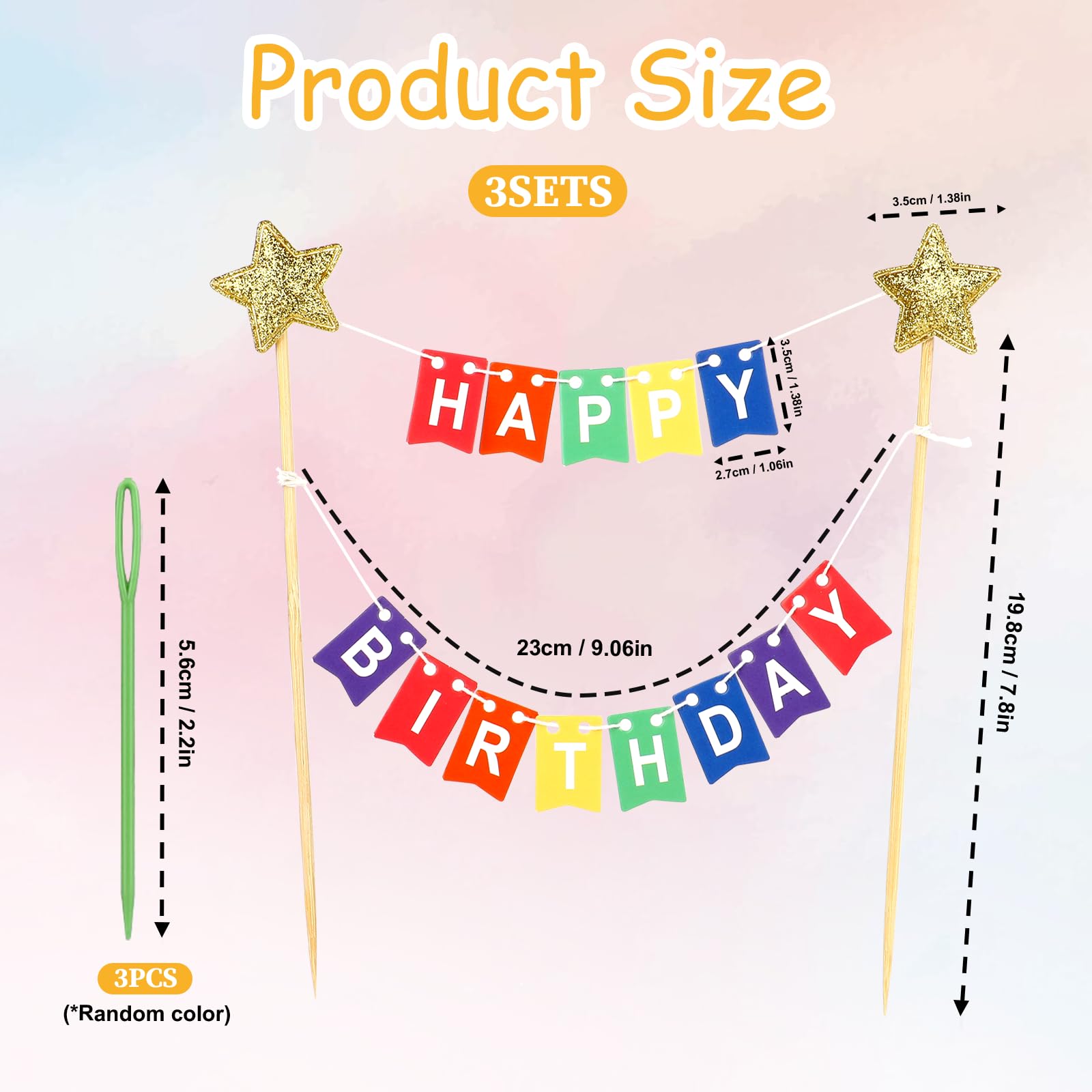 Happy Birthday Kuchenaufsatz-Set – 3-teilig, Bunt, Mit Bambusstäben, Für DIY-Kuchen-Deko