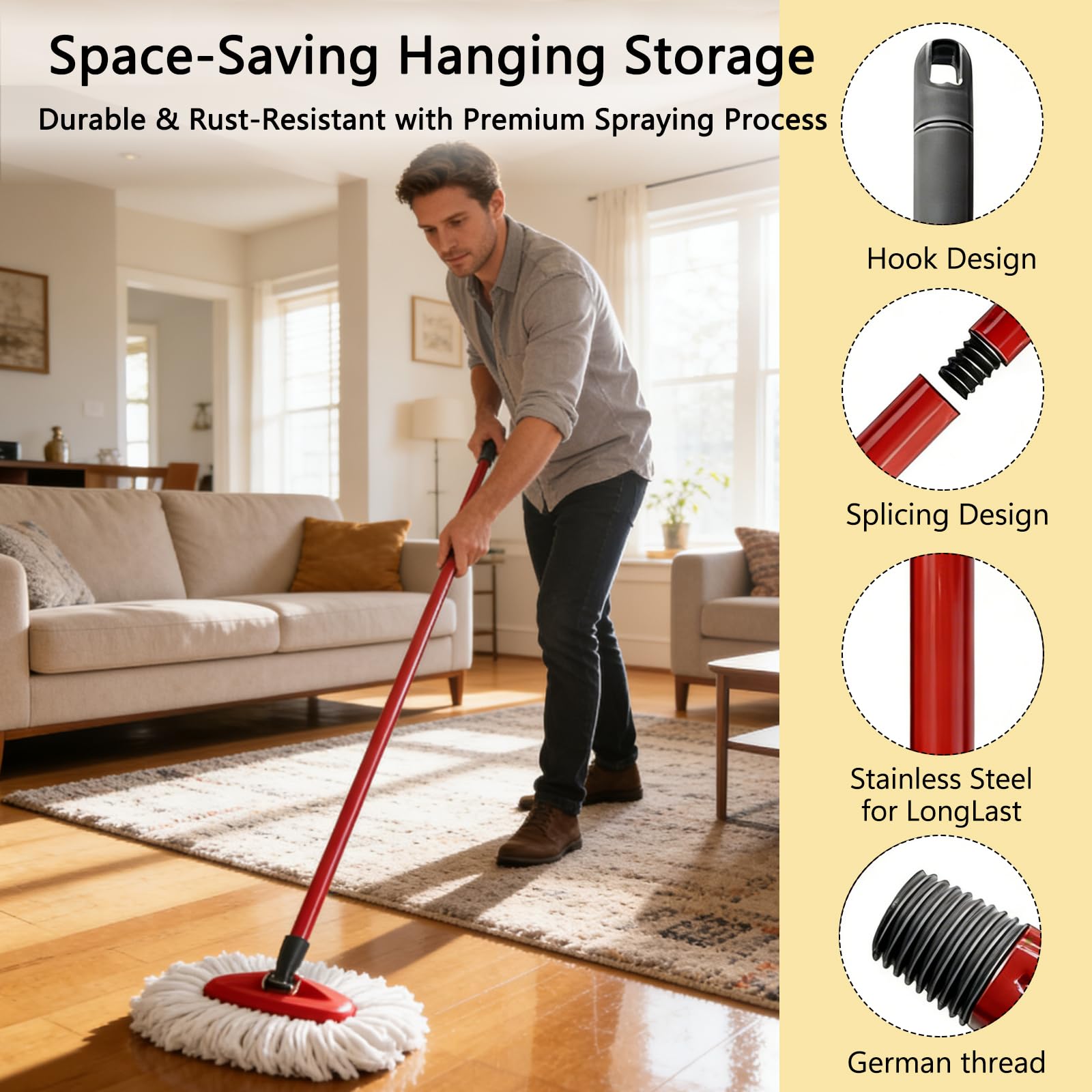 Mango de Repuesto Compatible con Vileda Turbo Mopas,72/105/138cm EasyWring Palo Fregona Recambios,4 Secciones Poste de Fregona Ajustable, para Mop Accesorios