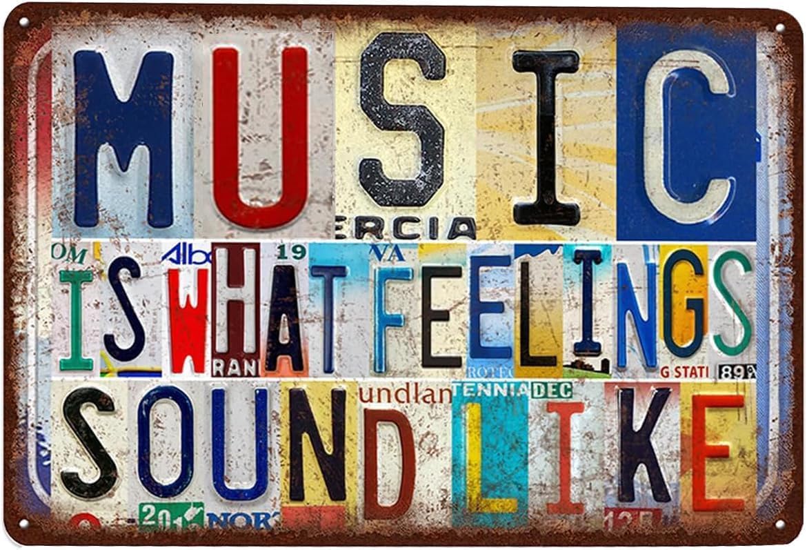 Vintage Room Wall Decor Art，Inspirational Quotes Metal Sign Tin Signs Poster - Music Is What Feelings Sound Like，8x12inches，Room Decor for Teens，Gifts for Music Teachers or Band Fans