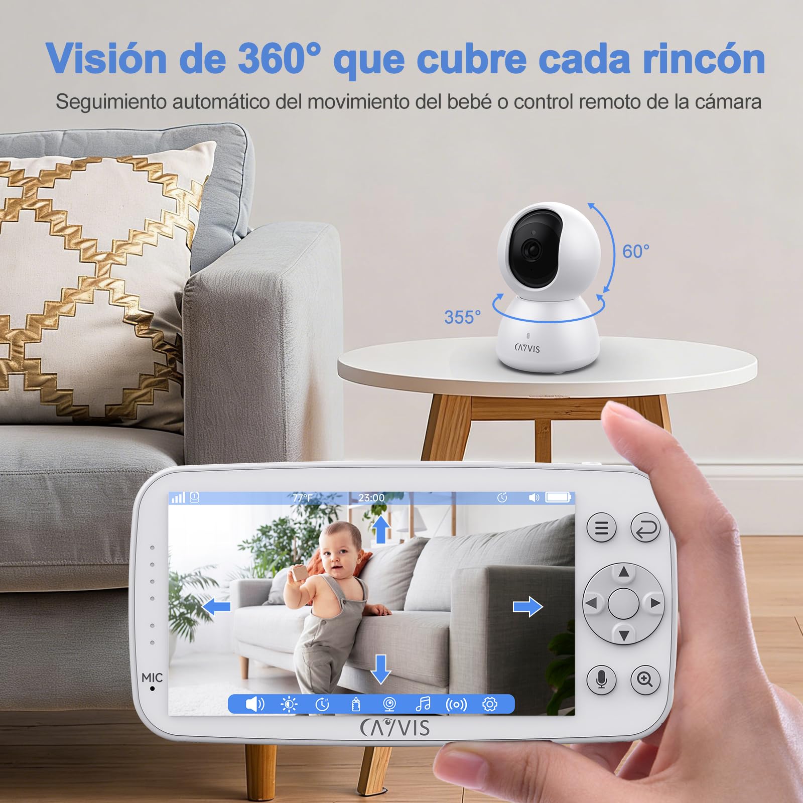 Vigilabebés con cámara de 1080P, 5" LCD-IPS - Cámara de bebé WiFi vídeo babyfone PTZ 360, visión Nocturna detección Movimientos cunas, Bebe Monitoreo Baby Phone