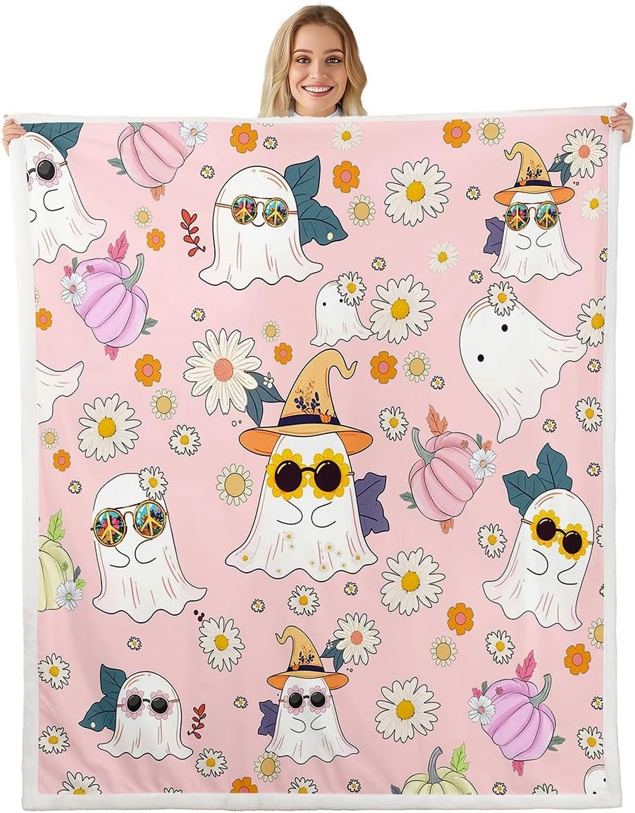 Erosebridal Cute Ghost Halloween Blanket Gothic Fleece Blanket,Cartoon Pink Pumpkin Lantern Halloween Throw Blankets 90"x90",Halloween Candy Stars Bed Blanket,Halloween Decorations Indoor