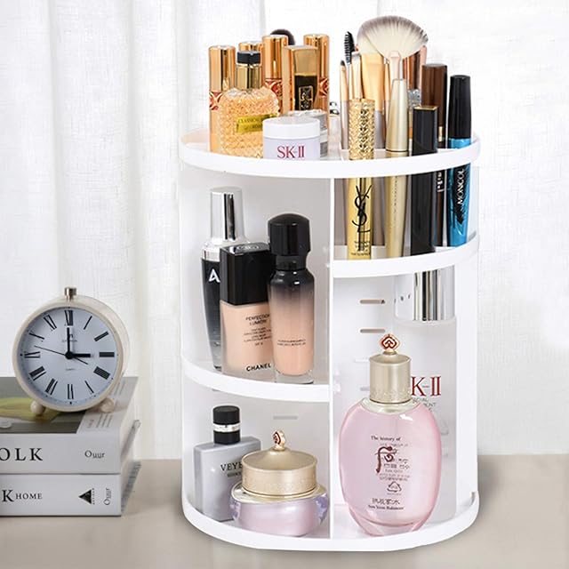 BTGGG Rotating 360 Degree Makeup Organiser Height Adjustable Multi-Function Storage Box Spinning Cosmetic Tray for Makeup and Accessories Display with Removable Shelves, White