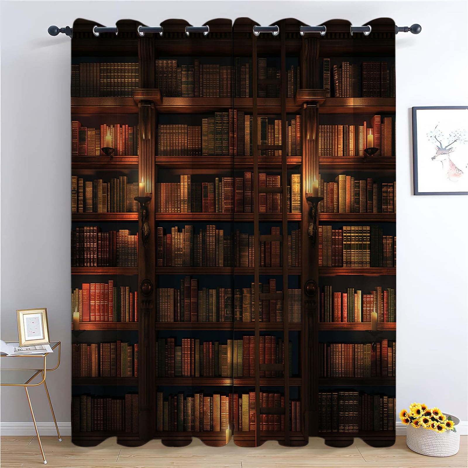 Generisch Verdunklung Svorhänge Schlafzimmer H215 x B220 cm, Retro Bücherregal Streifen Thermo Isolierte Vorhänge, Waschbarer Dunkelfarben Staubdicht Vorhan, Anwendbar Kinderzimmer und Wohnzimmer
