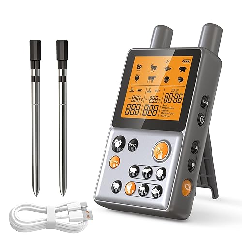 Yumfun Termómetro inalámbrico para carne, termómetro digital de carne de 195 pies inalámbrico con 2 sondas de carne, preprogramado y alerta