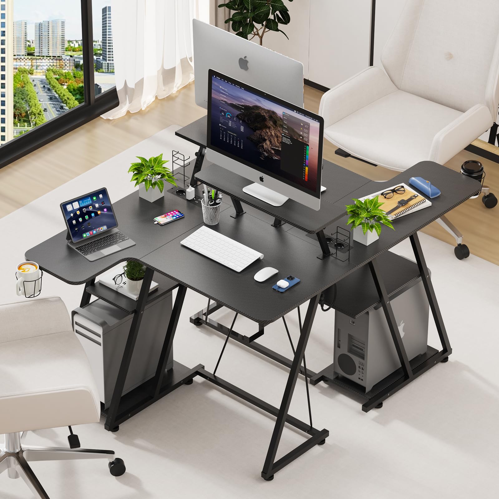 Bureau Gaming LED 100x80 cm, Table Gamer avec Rangement, 2 Prises Electriques et 2 Ports USB