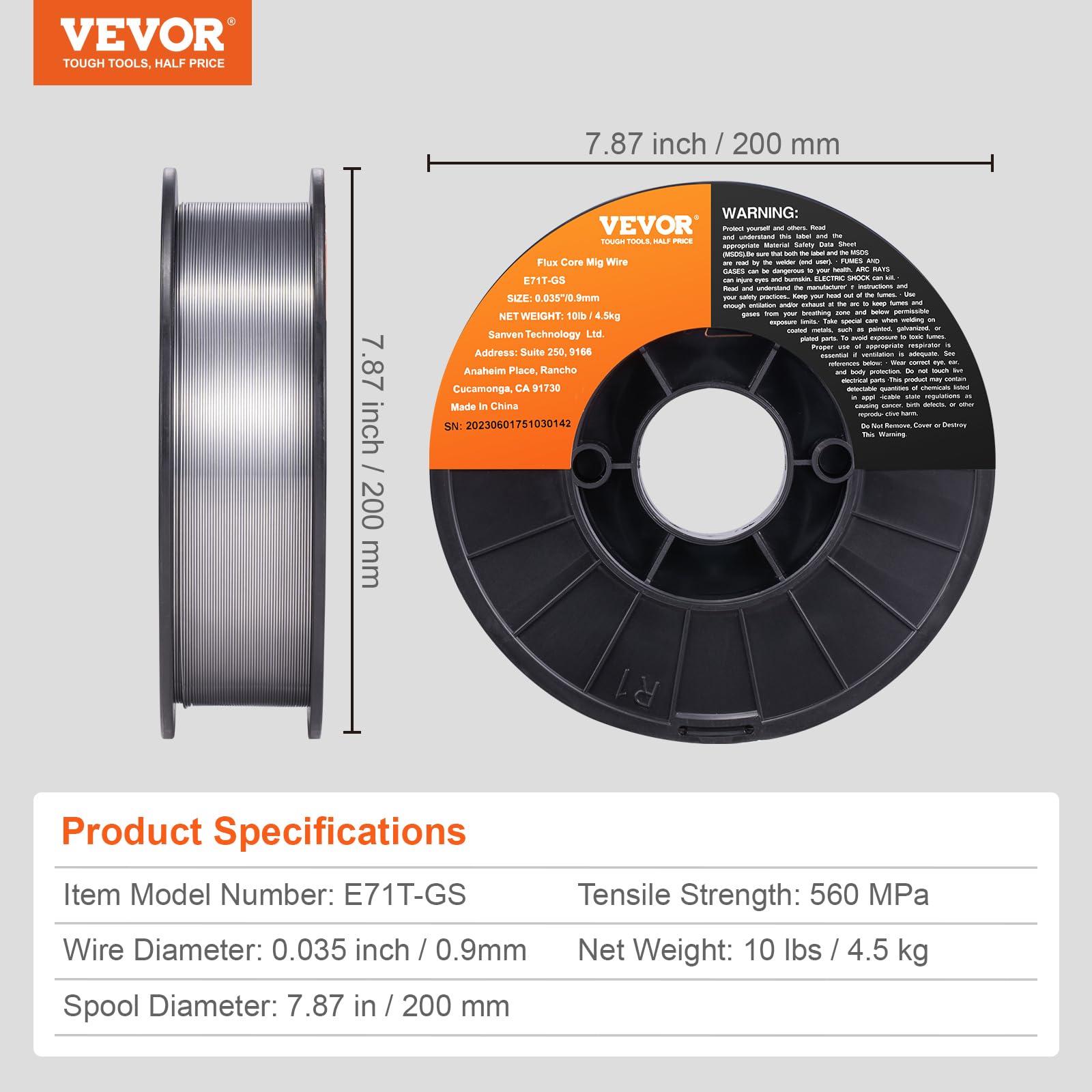 VEVOR Drut spawalniczy z rdzeniem topnikowym, E71T-GS 0,04 cm, 4,5 kg, bezgazowy drut spawalniczy MIG ze stali miękkiej z niskim rozpryskiem do spawania łukowego we wszystkich pozycjach i do użytku na