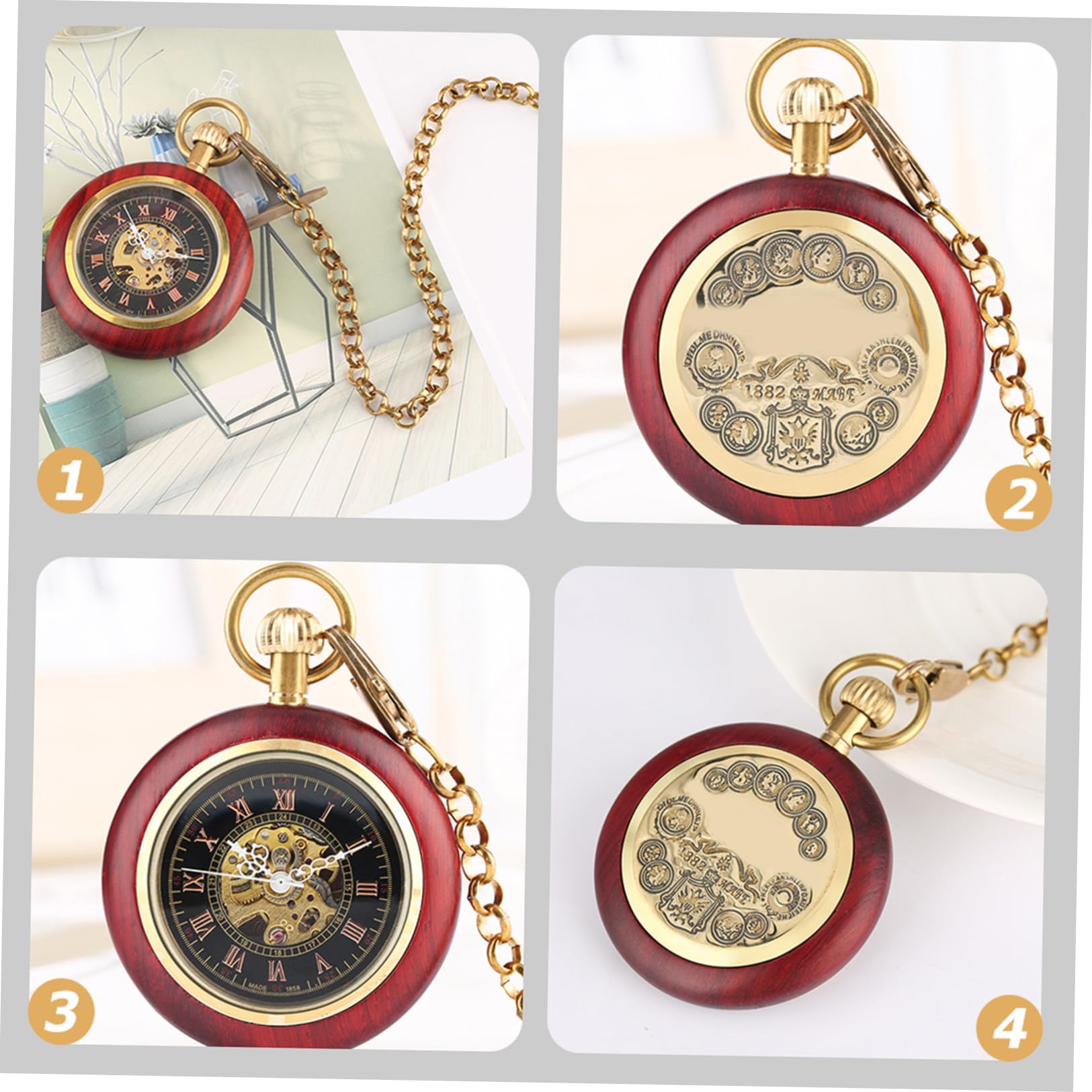 Reloj de Bolsillo Vintage Cadena, Diseño Mecánico Antiguo en Aleación y Madera, Fácil de Llevar para Uso Diario y Ocasiones Obsequios
