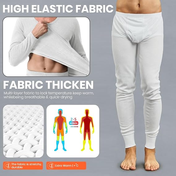 Mens 2pc Long Thermal Underwear Set Warm Base Layer Long Johns Cold Weather Thermals Small to 3XL