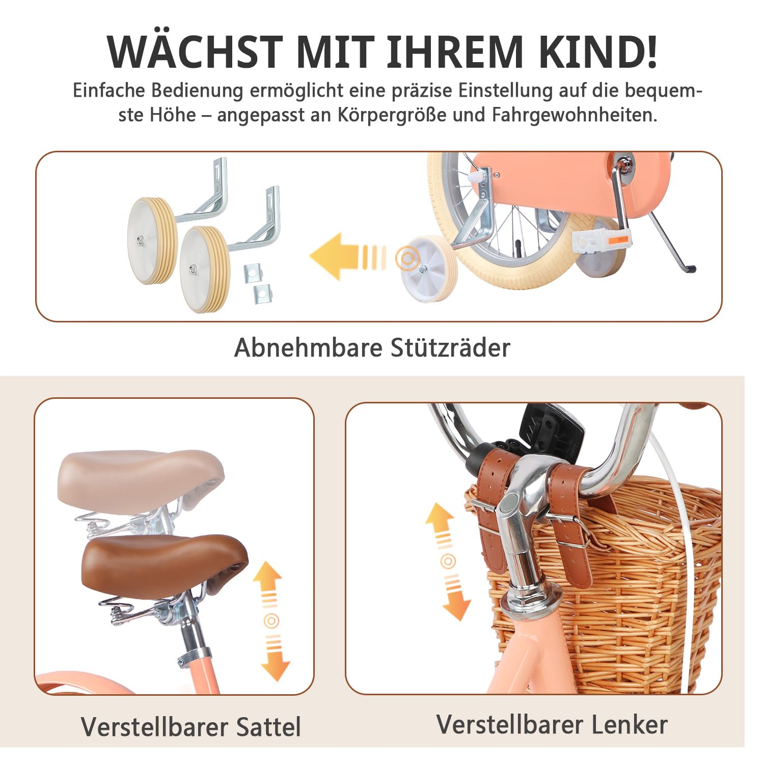 Glerc Little Molly 12-20 Zoll Kinderfahrrad mit Korb, für Jungen und Mädchen im Alter von 3 bis 12 Jahren, mit Klingel und Stützrädern, Rose/Blanc/Vert Menthe/Bleu/Violet/Jaune