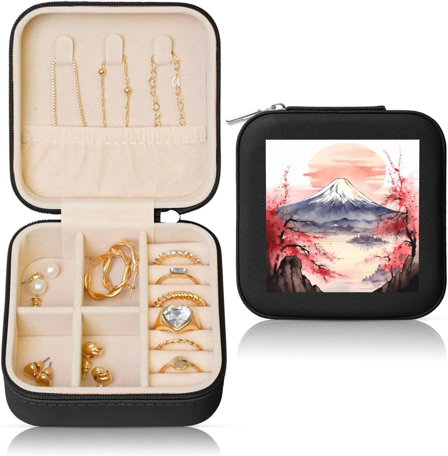 Sunset Mount Fuji Travel Jewelry Box Cherry Blossoms PU Leather Jewelry Case Organizer for Girls Women Portable Jewellery Storage Boxes Gifts