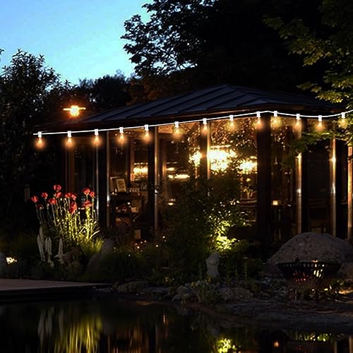 Miniatura 6 de Tira de luces Edison ST35 de 25 pies para patio al aire libre con 27 bombillas transparentes, 5 vatios120 voltajebase E12, cable blanco