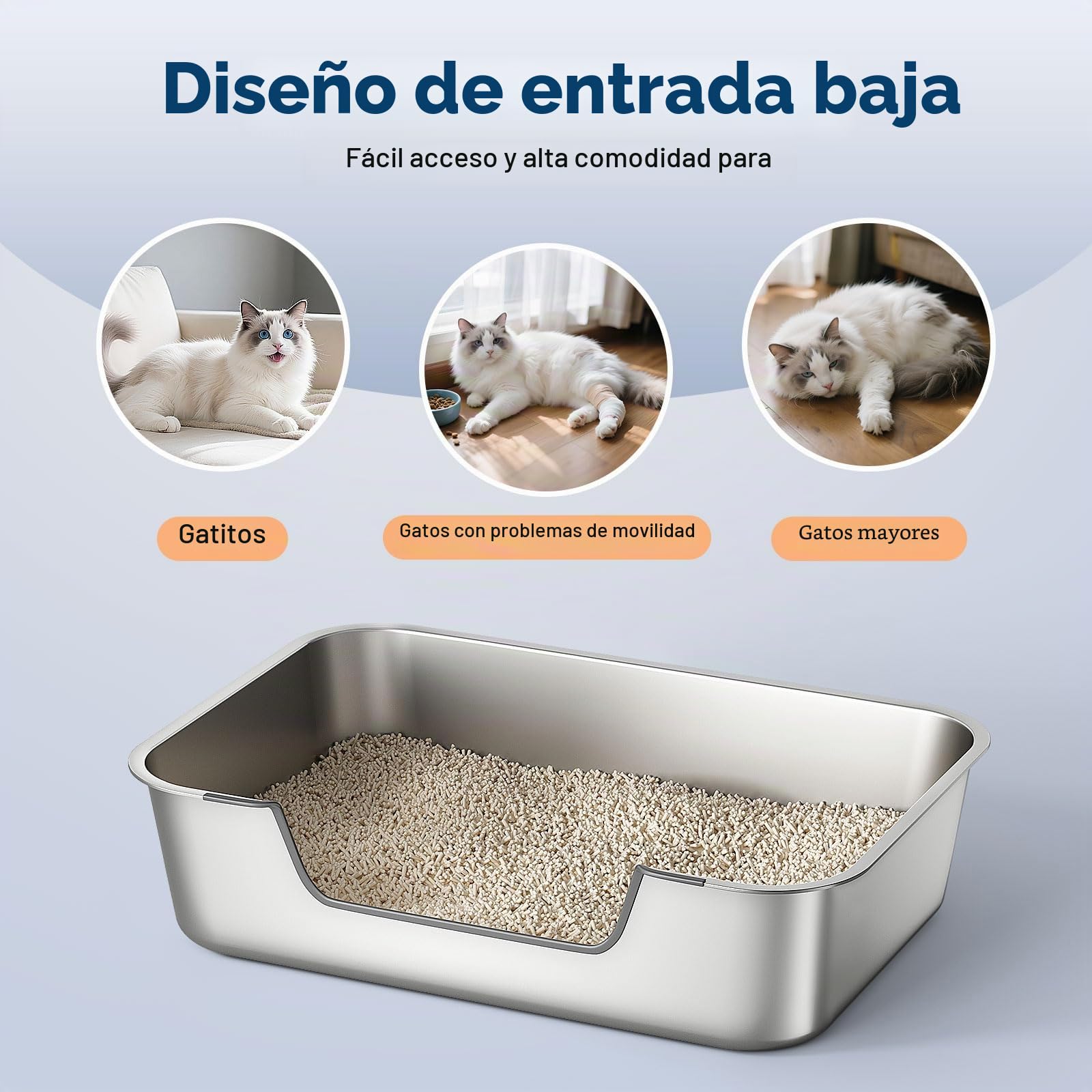 Arenero Gato Acero Inoxidable con Bordes Bajos, Arenero para Gatos Mayores o Heridos, Areneros de Gatos Grande XXL, Caja de Arena para Gato, Antiadherente, Sin Olores y Fácil de Limpiar, 60x40x20cm