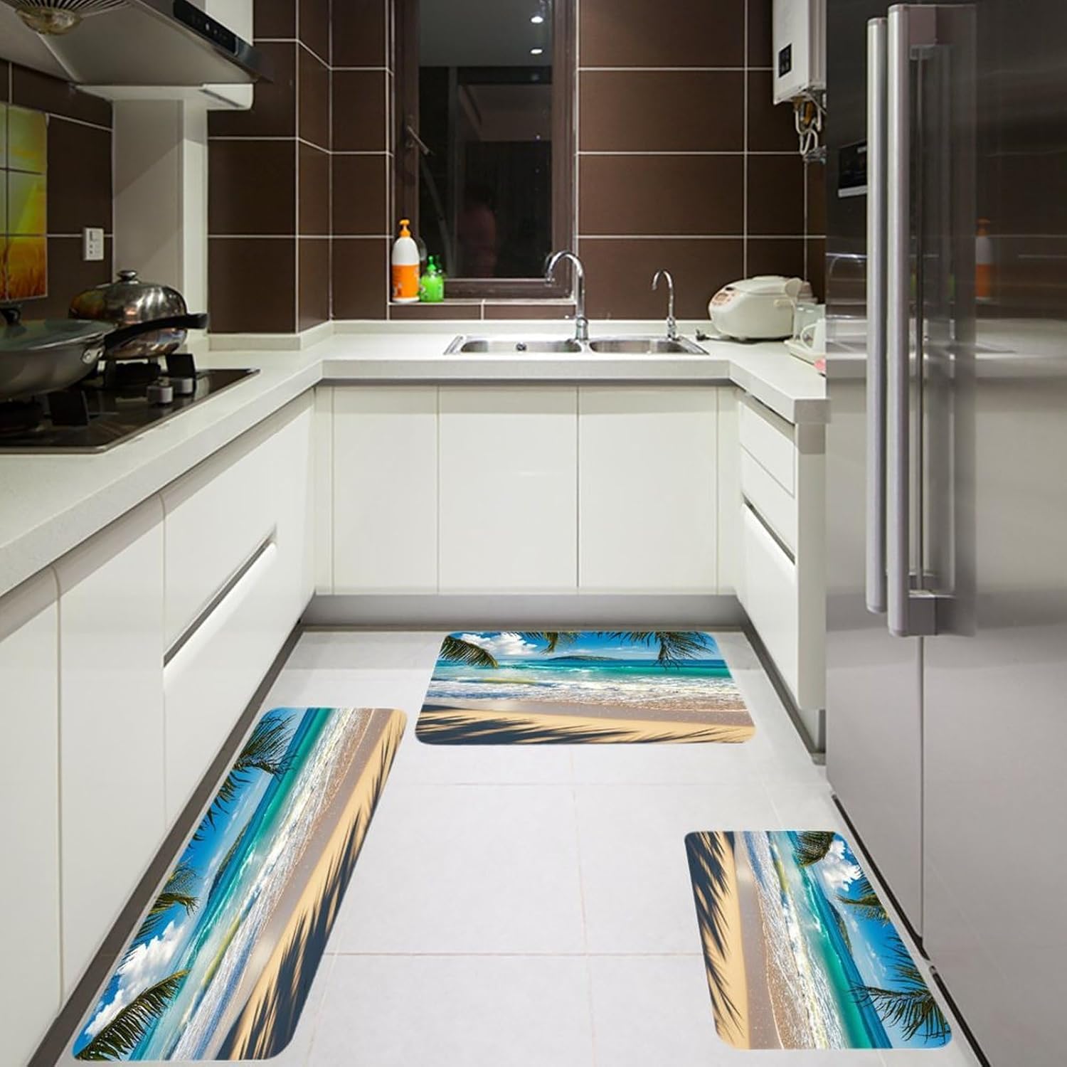 Beautiful Beach Seascape Kitchen Mats for Floor 3PCS Waterproof Low-Profile Kitchen Rugs Floor Mat Non Slip Anti Fatigue Mats Comfort Standing Mat Runner Rug Area Rug 6"x24"+20"x31"+17"x47"