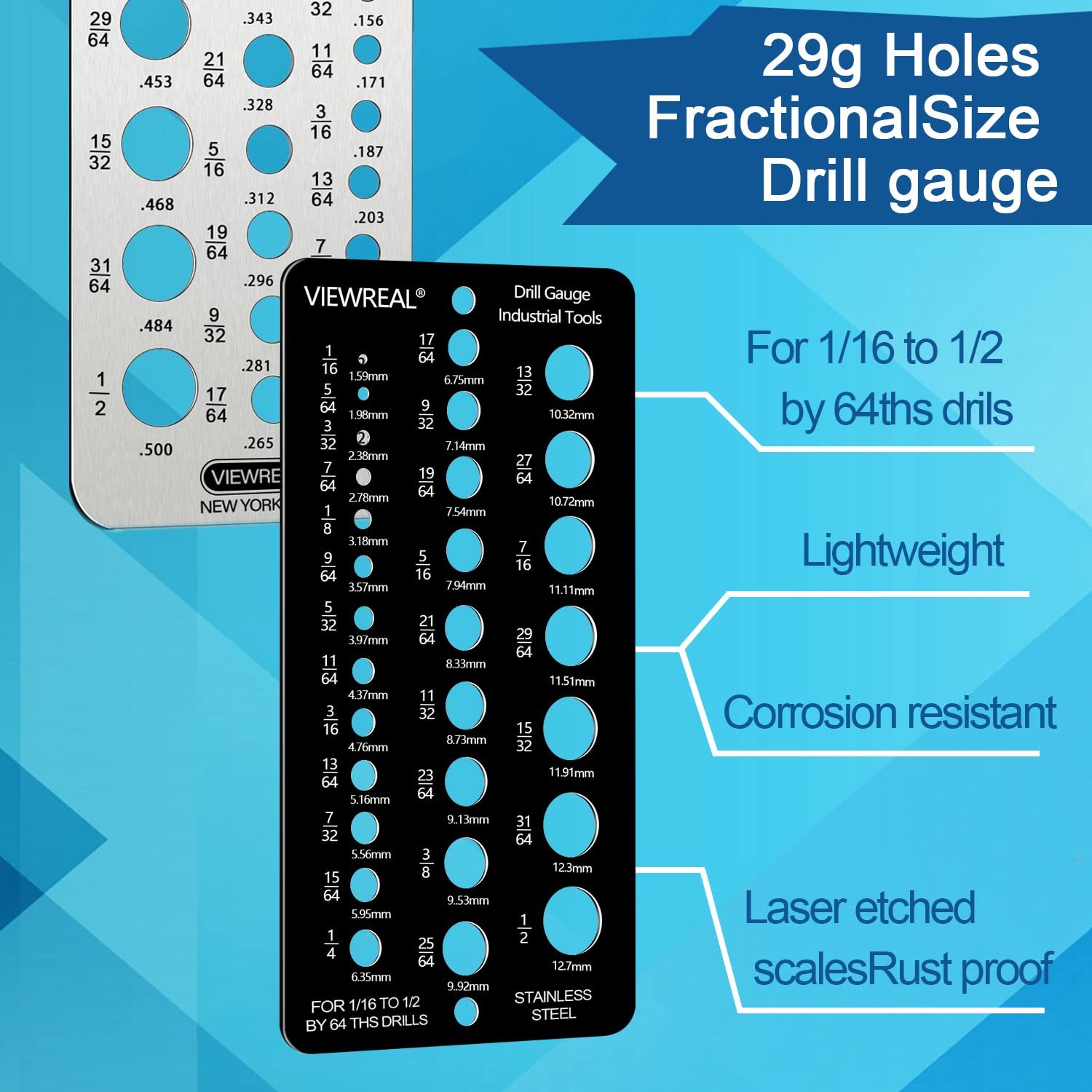 Drill Bit Gauge, Stainless Steel Drill Size Gauge Tool with 29 Holes for 1/16” to 1/2” Bits - Includes Fractional & Metric Sizes, 2-Pack (Black+Silver)