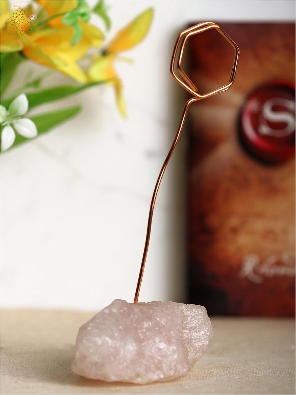 Exotic India 7" Hexagon Shape Photo Card Stand on Rose Quartz Gemstone Base | Table Decor - Rose Quartz Gemstone