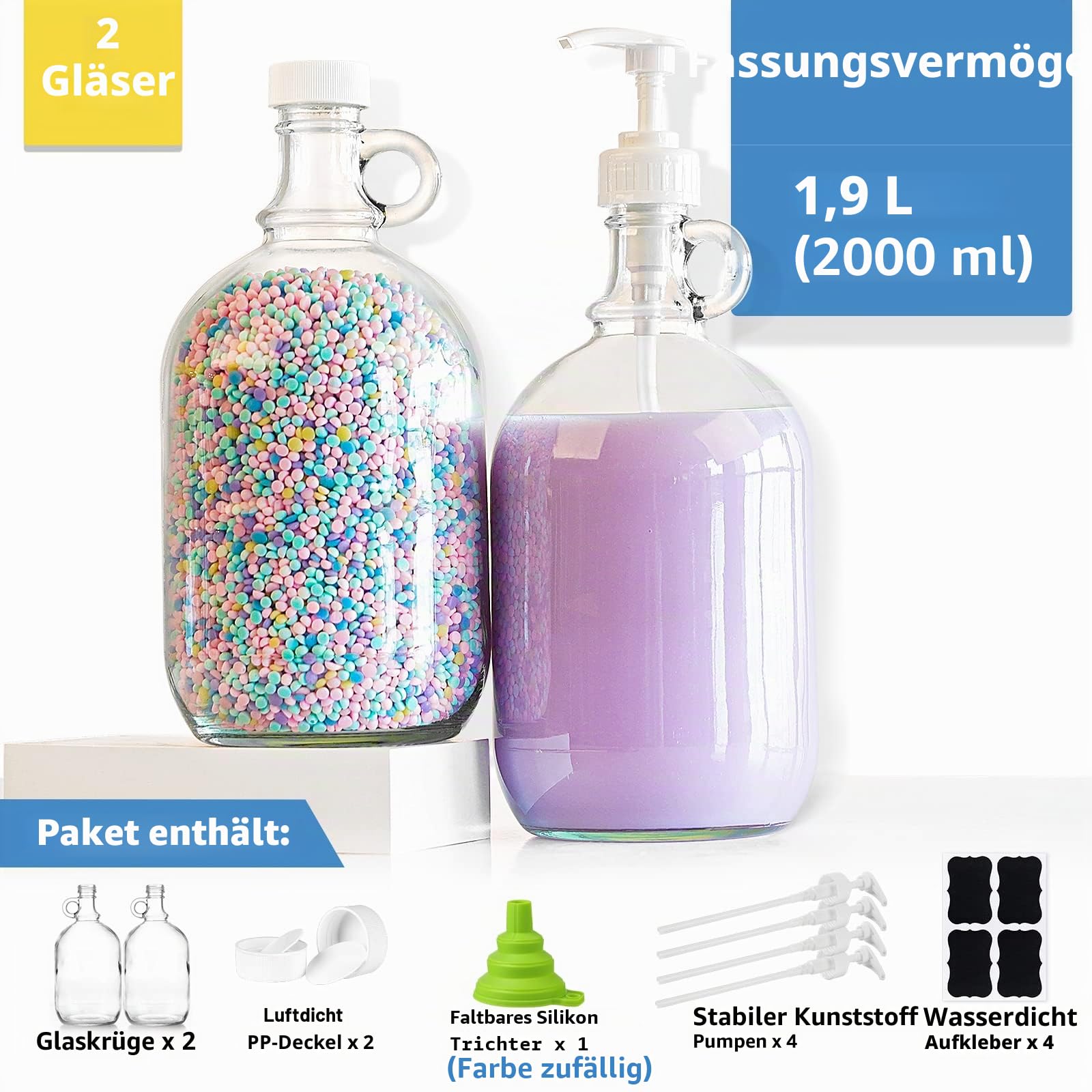Sovietiep Waschmittelspender mit Pumpe und Deckel, 1,8 l, Glaspumpflasche für Waschseifenspender, Flüssigwaschmittel, Weichspüler-Spender, extra Etikett, Trichter, 2 Stück