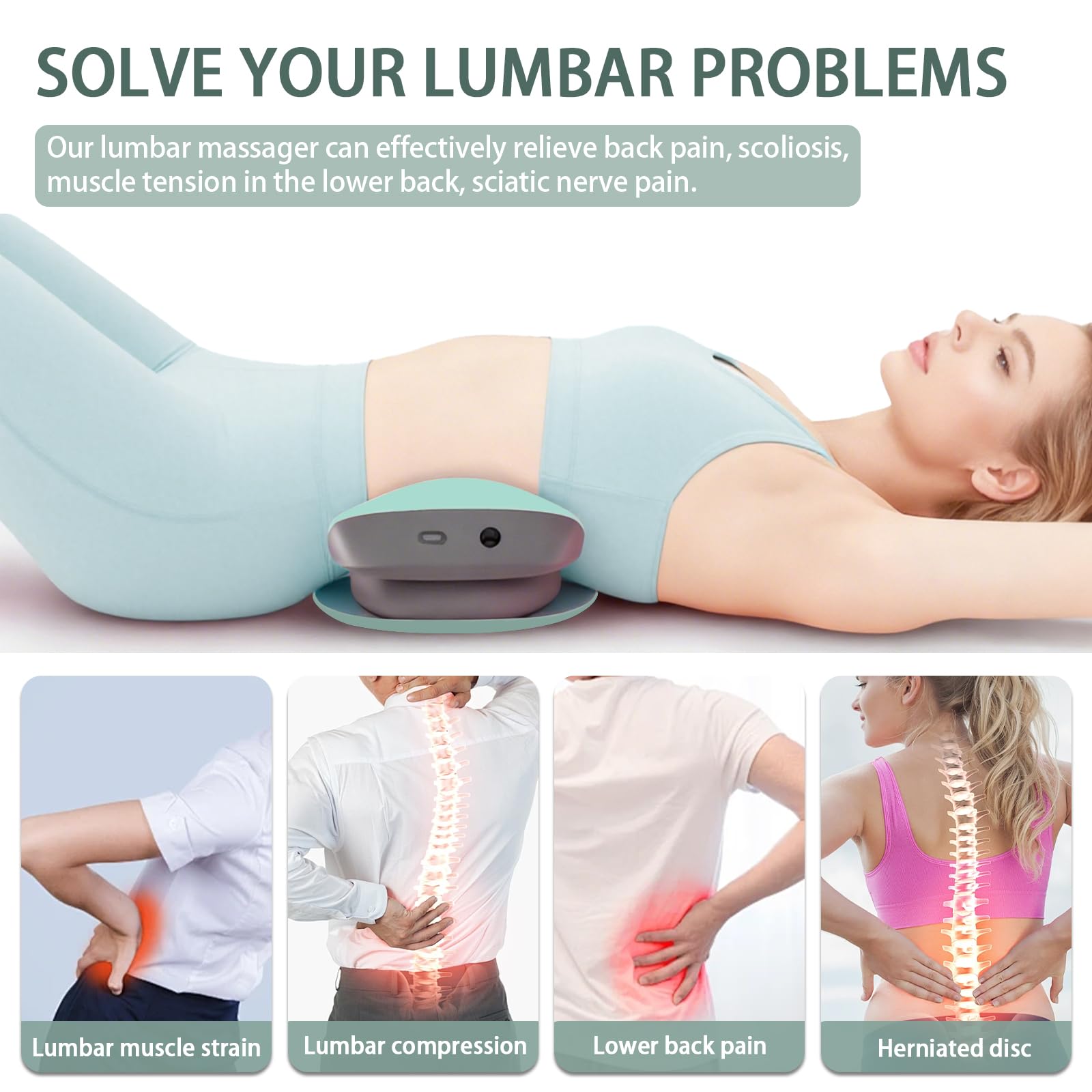 Masajeador Lumbar Eléctrico, 4 en 1 Masajeador de Espalda Inalámbrica con Tracción Airbag, Compresas Calientes, Masaje Vibratorio, Electroterapia EMS,Alivio del Dolor Lumbar