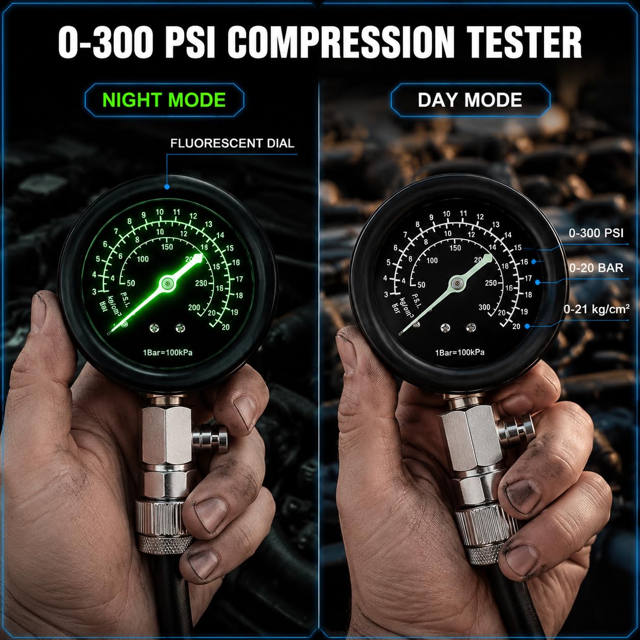 14PCS Compression Tester 0-300 PSI Gauge 5 Adapters Plug Tester