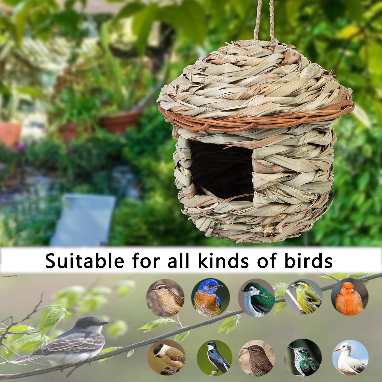 2 Piezas Nidos de Pájaros, Nido de pájaro Colgante, Nido Pajaros Exterior Colgante, Casa de Pajaros Exterior, Tejidas a Mano Hierba Nidos para Pajaros, para Pájaros Pequeños Como Colibrí (15x15 cm) — view 5