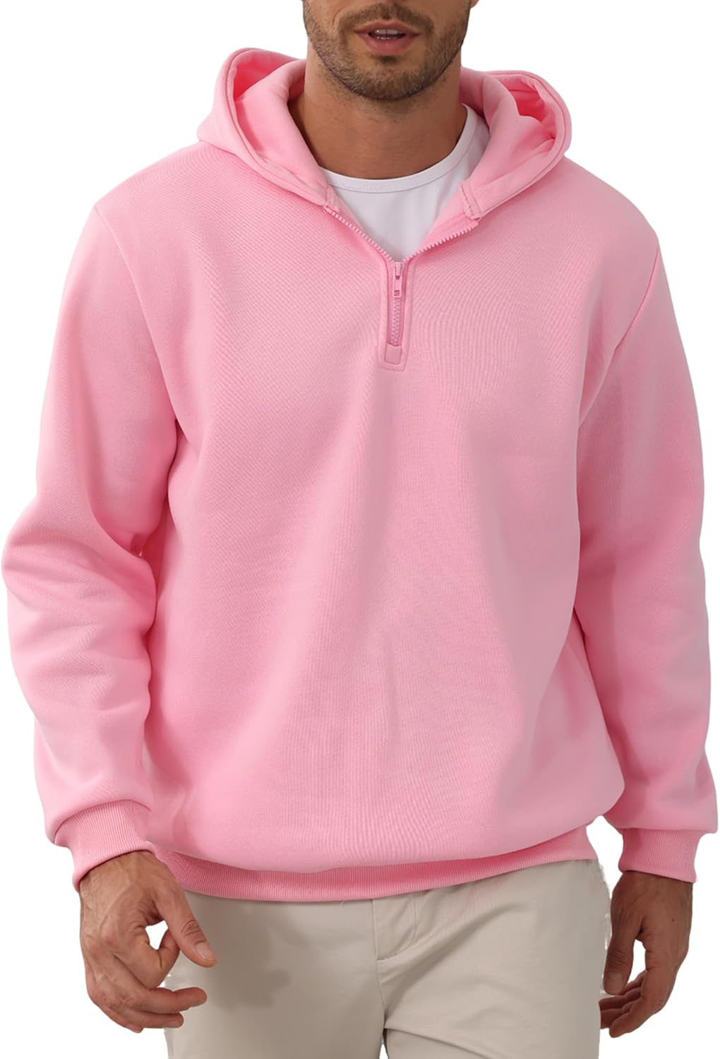 LINMYZAI Men Quarter Zip Hoodie Fleece Lightweight Mens Half Zip Pullover Long Sleeve Drop Shoulder Hooded Sweatshirt