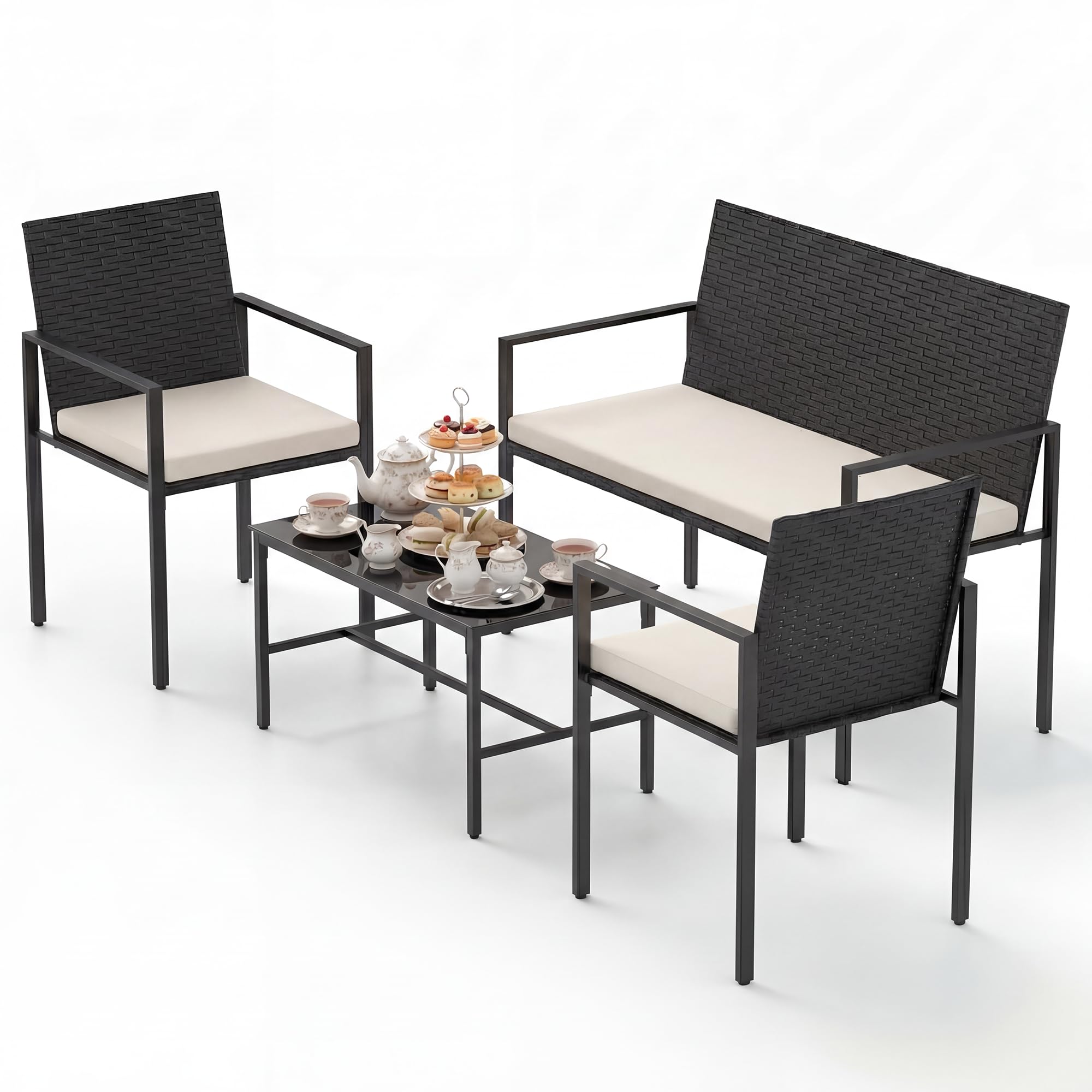 SOARS Conjunto de Jardin Exterior de Ratán de 4 Piezas, Mesa de Centro de Cristal Templado con 2 Sillas, Sofá de 2 Plazas y Cojines Mullidos, Muebles de Jardín para Patio, Terraza, Balcón (Beige)